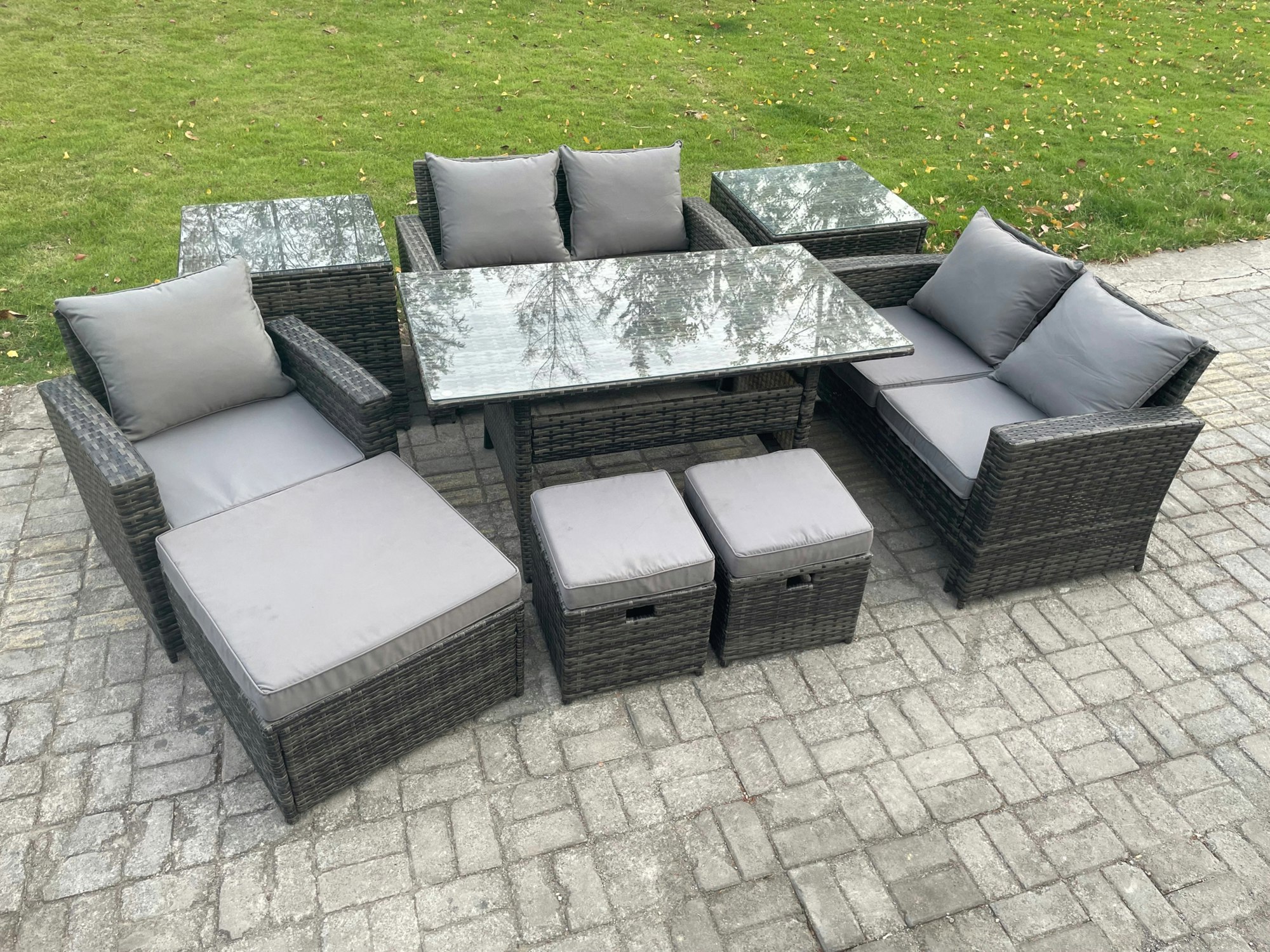 Fimous Dark/Grey Outdoor Garden Dining Set - Mixed Pe Wicker Rattan Sofa With Rectangular Dining Table & 3 Footstools