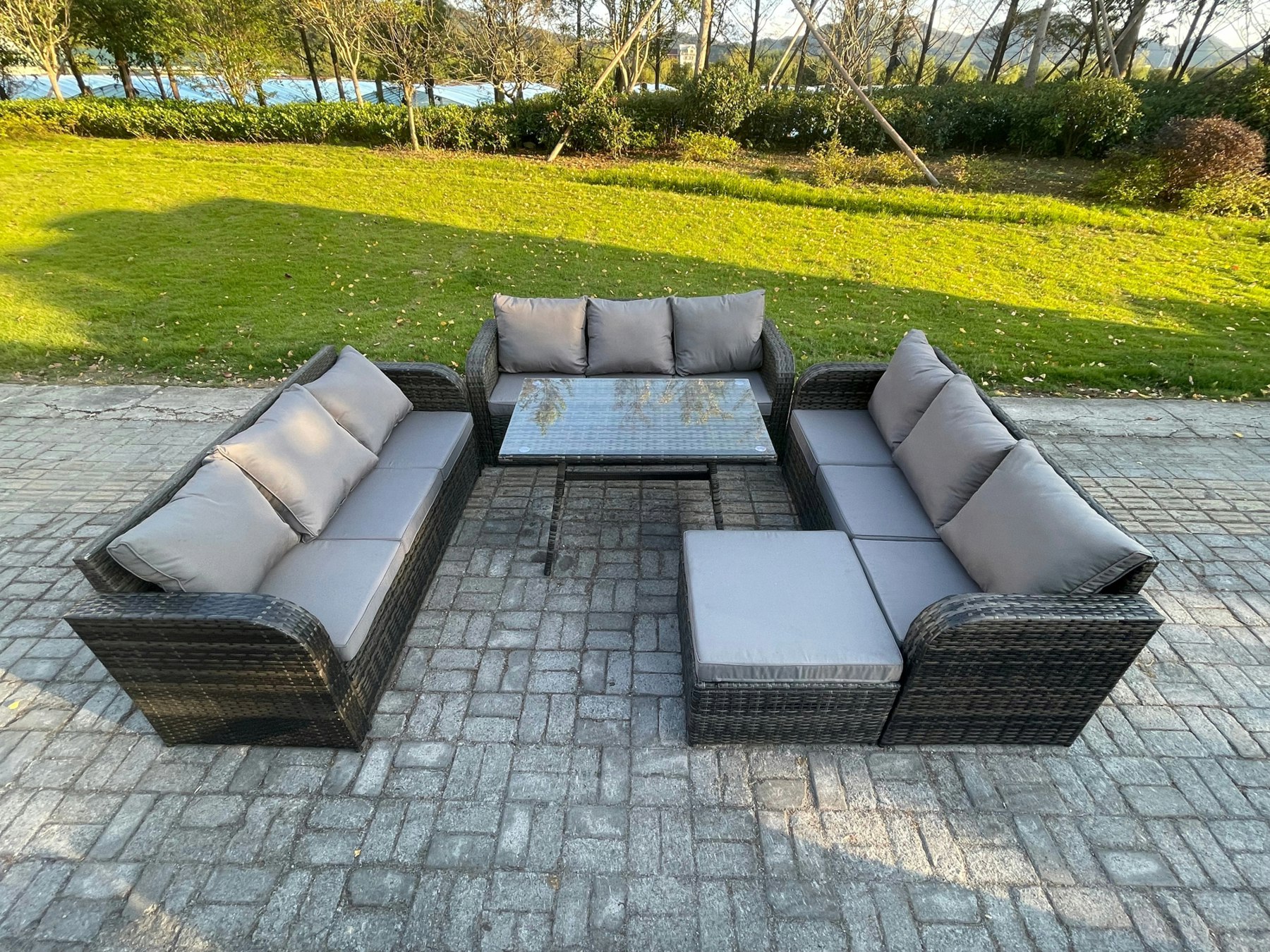 Rackhams Dark/Grey 10 Seater Wicker Rattan Garden Furniture Set With Rectangular Dining Table Big Footstool Patio Outdoor Lounge Sofa Set