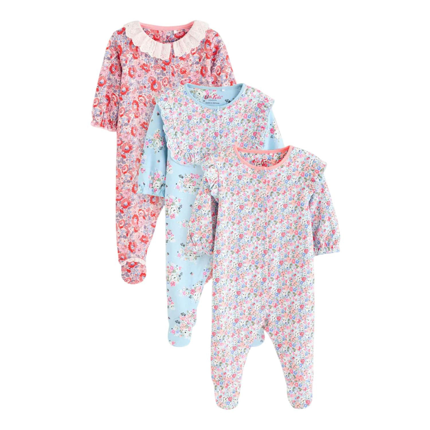 Cath Kidston Blue Baby Floral Sleepsuit (Pack Of 3) - 1 Month - 100% Cotton