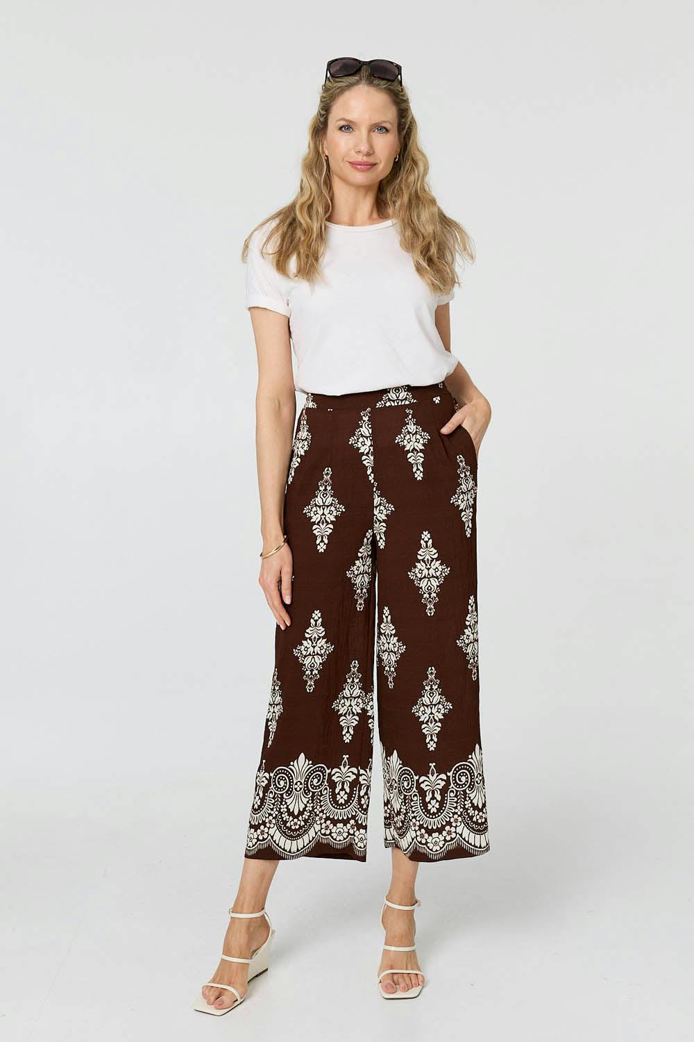 Izabel London Brown Border Print High Waist Wide Trousers - 14