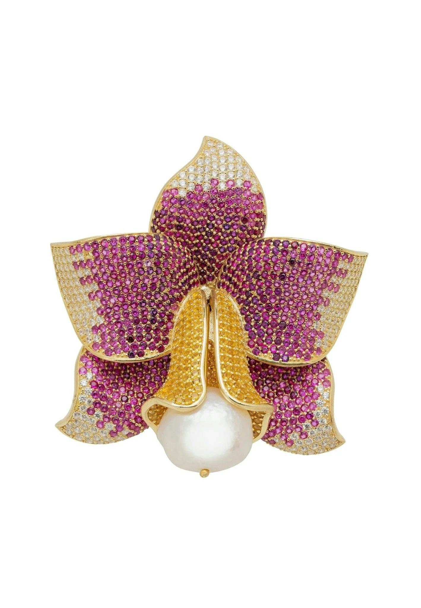 Latelita Gold Daffodil With Pearl Cocktail Ring Ruby Cz