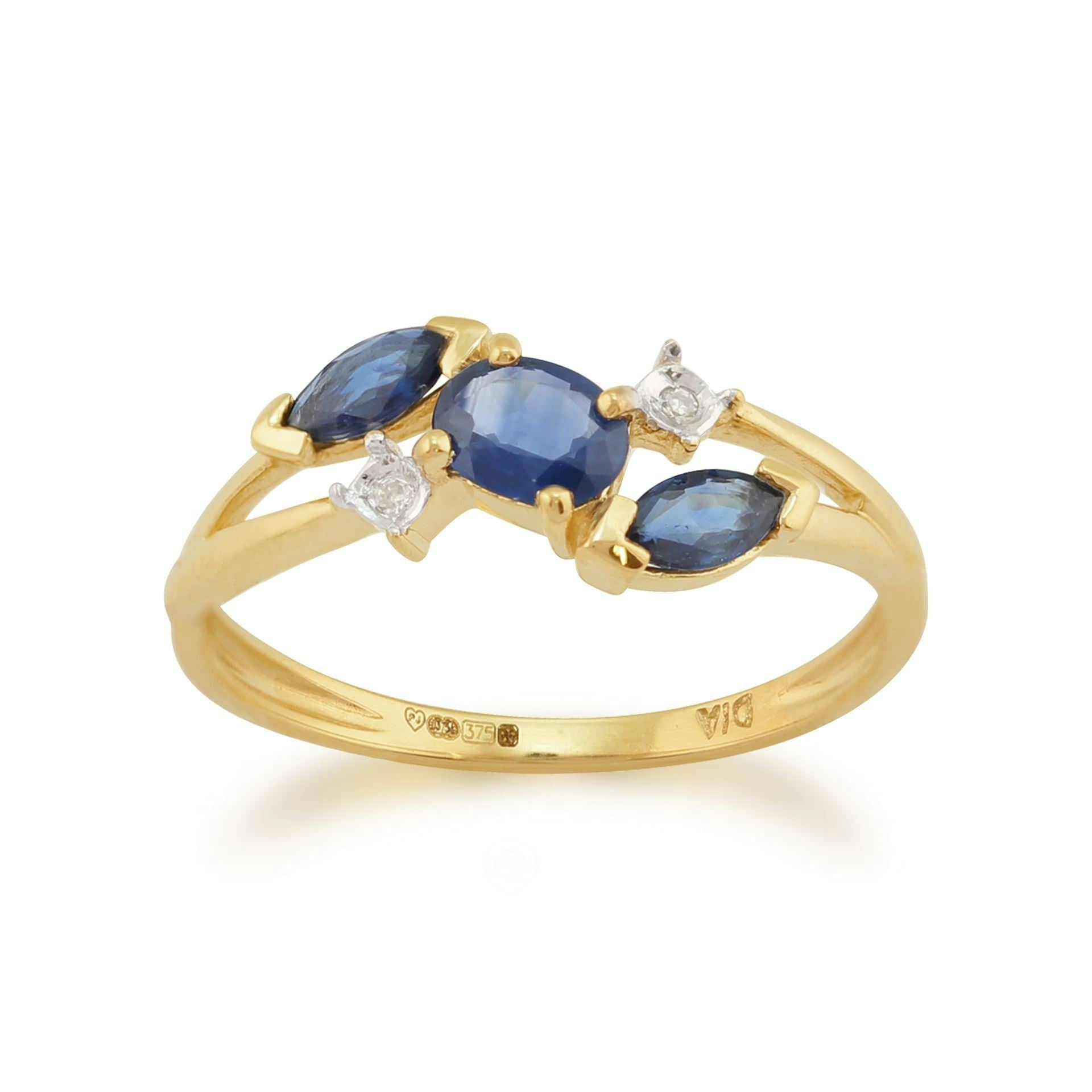 Gemondo Women's Light/Blue/Yellow Contemporary Marquise Sapphire & Diamond Three Stone Ring In 9Ct Gold - T