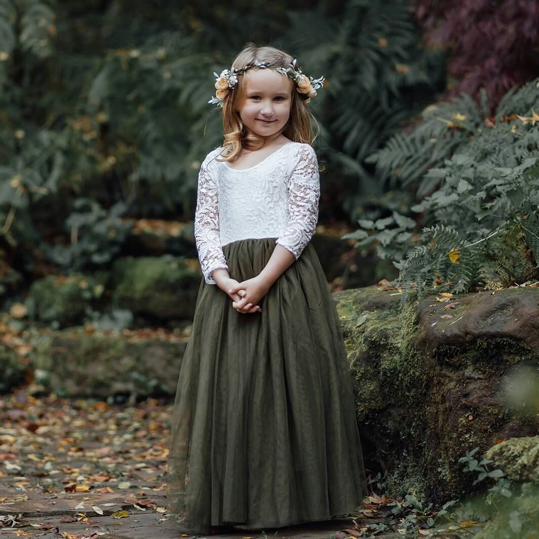 Uk Flower Girl Boutique Girls Green Uk Flower Boutique Bohemian Classic Long Sleeve Dress - Olive - 13/14 Years
