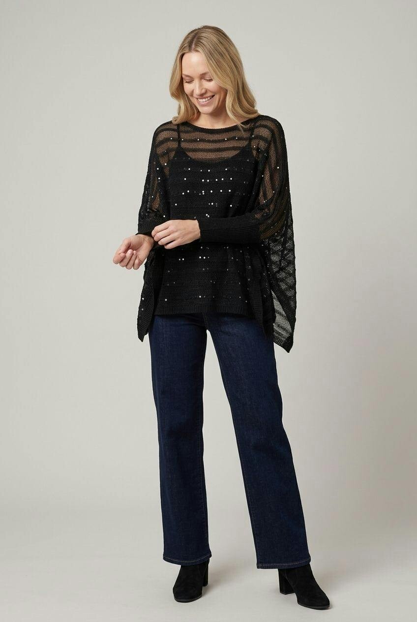 Izabel London Black Semi Sheer Striped Mesh Poncho Top - S/M