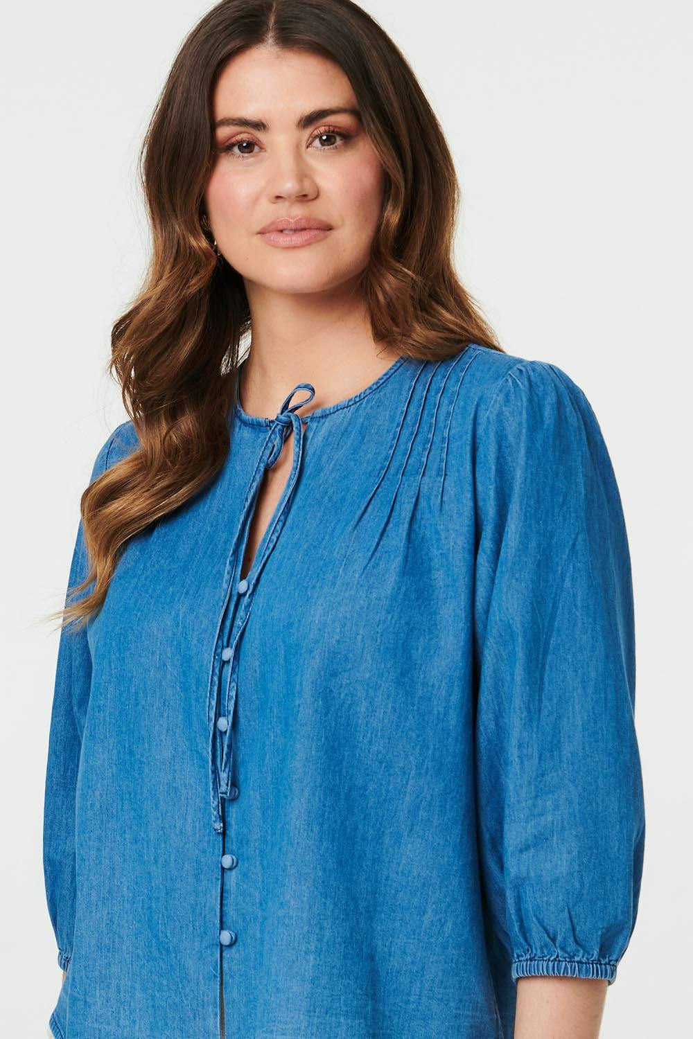 Izabel London Blue 3/4 Sleeve Tie Front V-Neck Blouse - 16