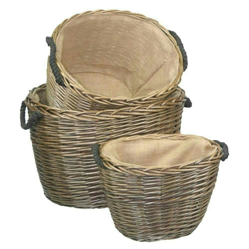 Red Hamper Red/Brown Hamper Oval Hessian Lined Wicker Log Basket - Set Of 3