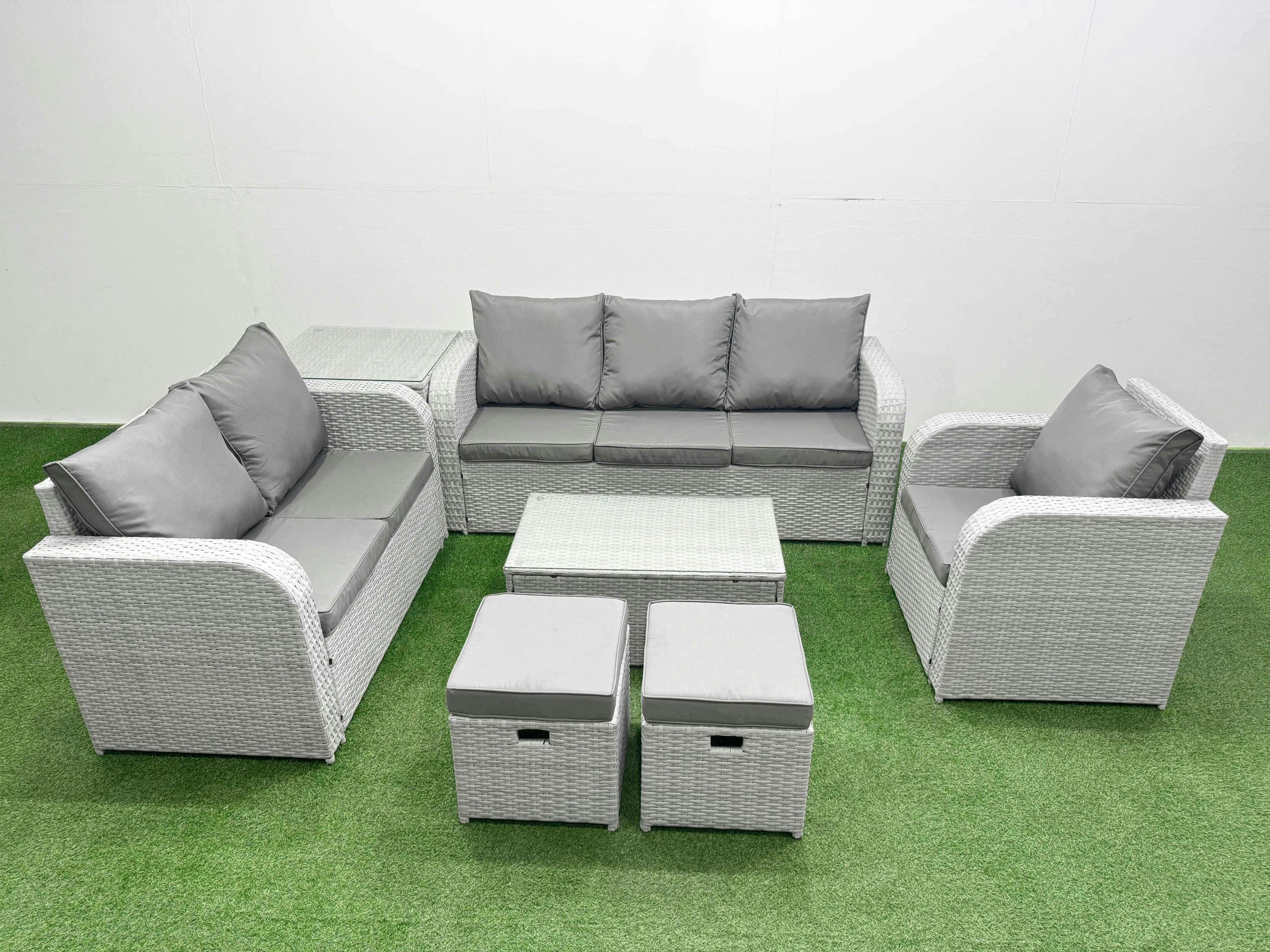 Rackhams Light/Grey 8 Seater Outdoor Set, Pe Wicker Rattan, Coffee Table, Reclining Chair, Loveseat, 3 Seater Sofa, Stool And Side Table,
