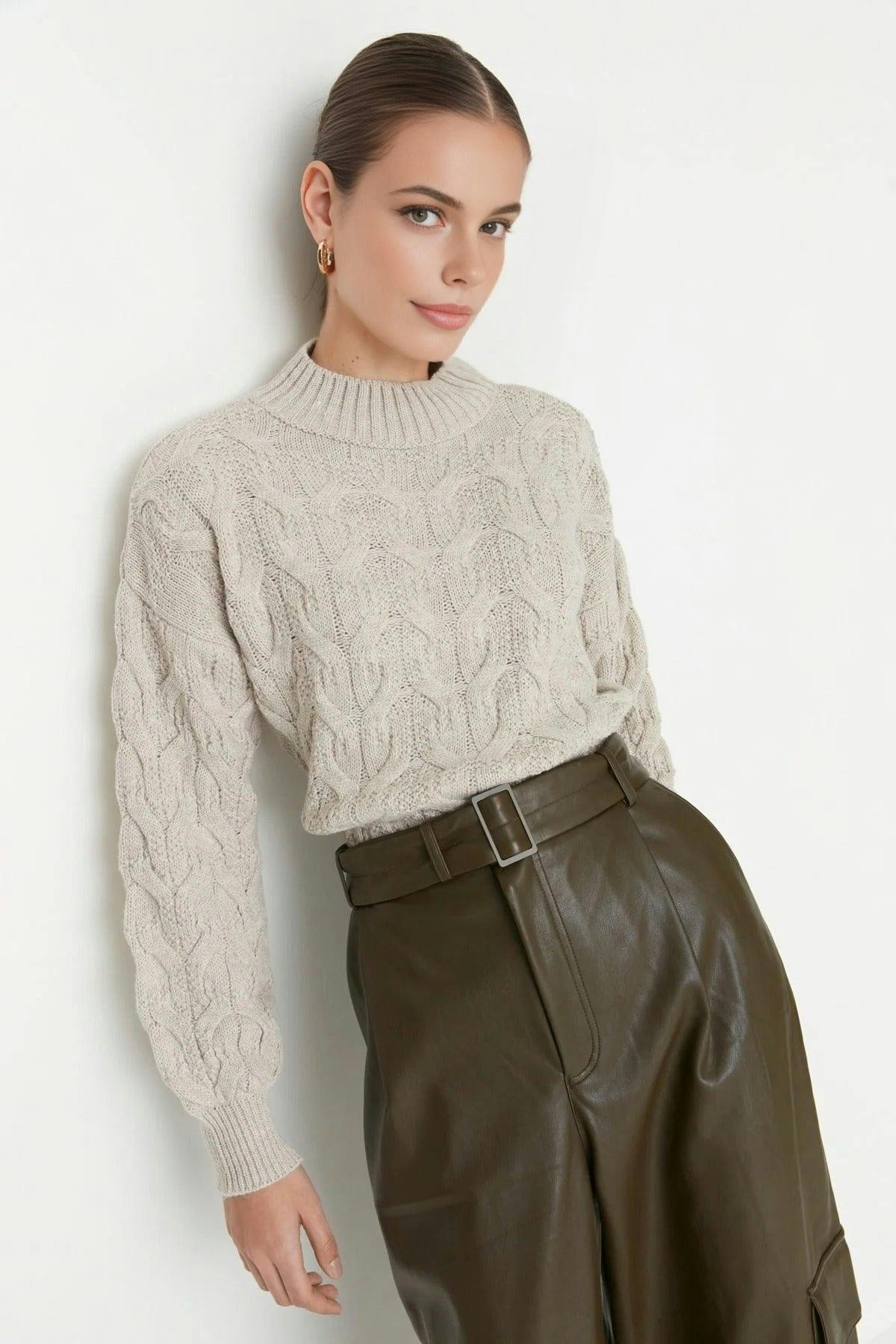Wovcor Crop Stand Collar Knit Sweater - Stone - L