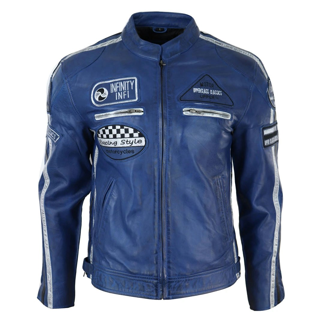 Infinity Leather Men's Blue Leather Company Zipped Biker Leather Jacket - Large