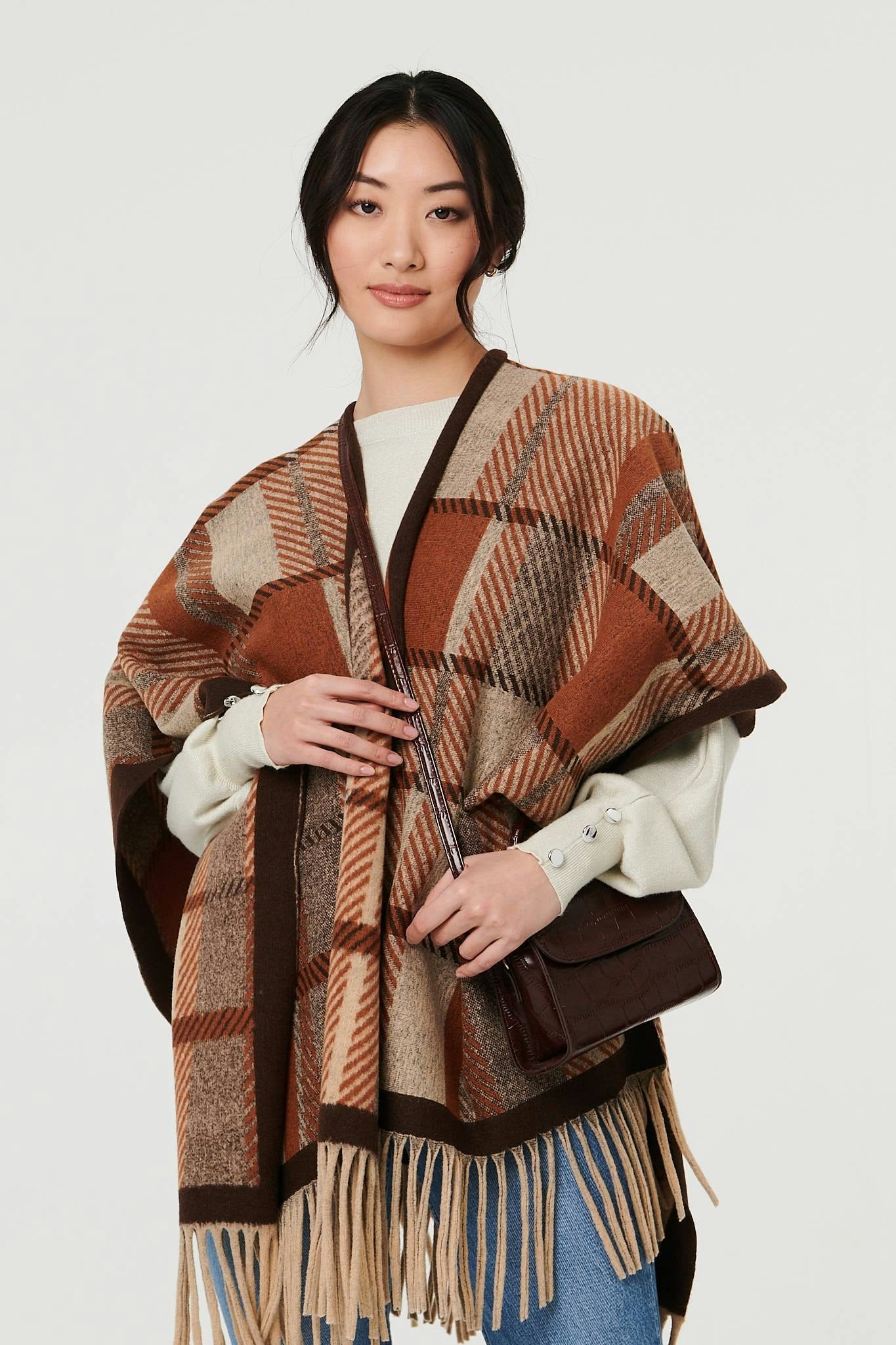 Izabel London Beige Checked Tassel Fringed Relaxed Poncho - One