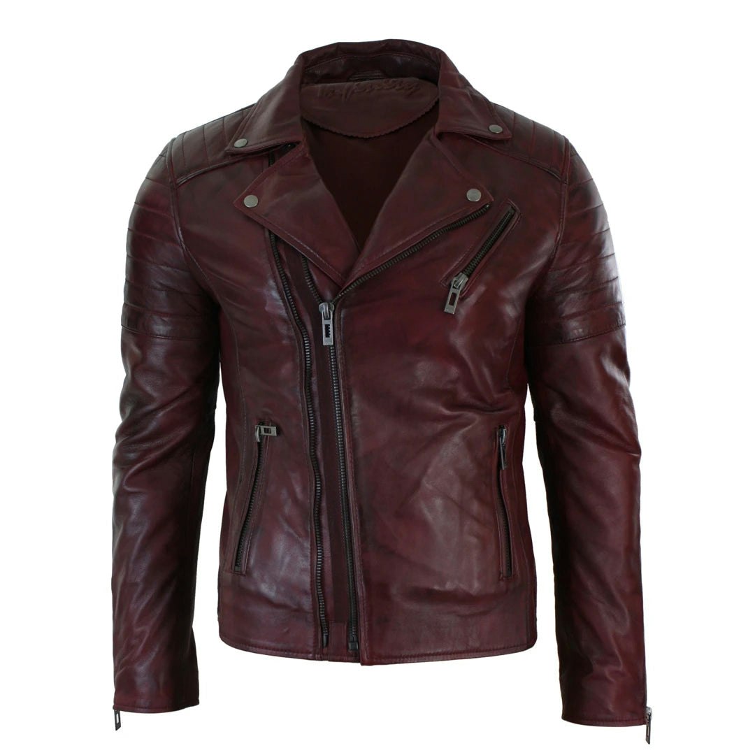 Infinity Leather Men's Burgundy Leather Company Cross Zip Brando Leather Biker Jacket - 3XL
