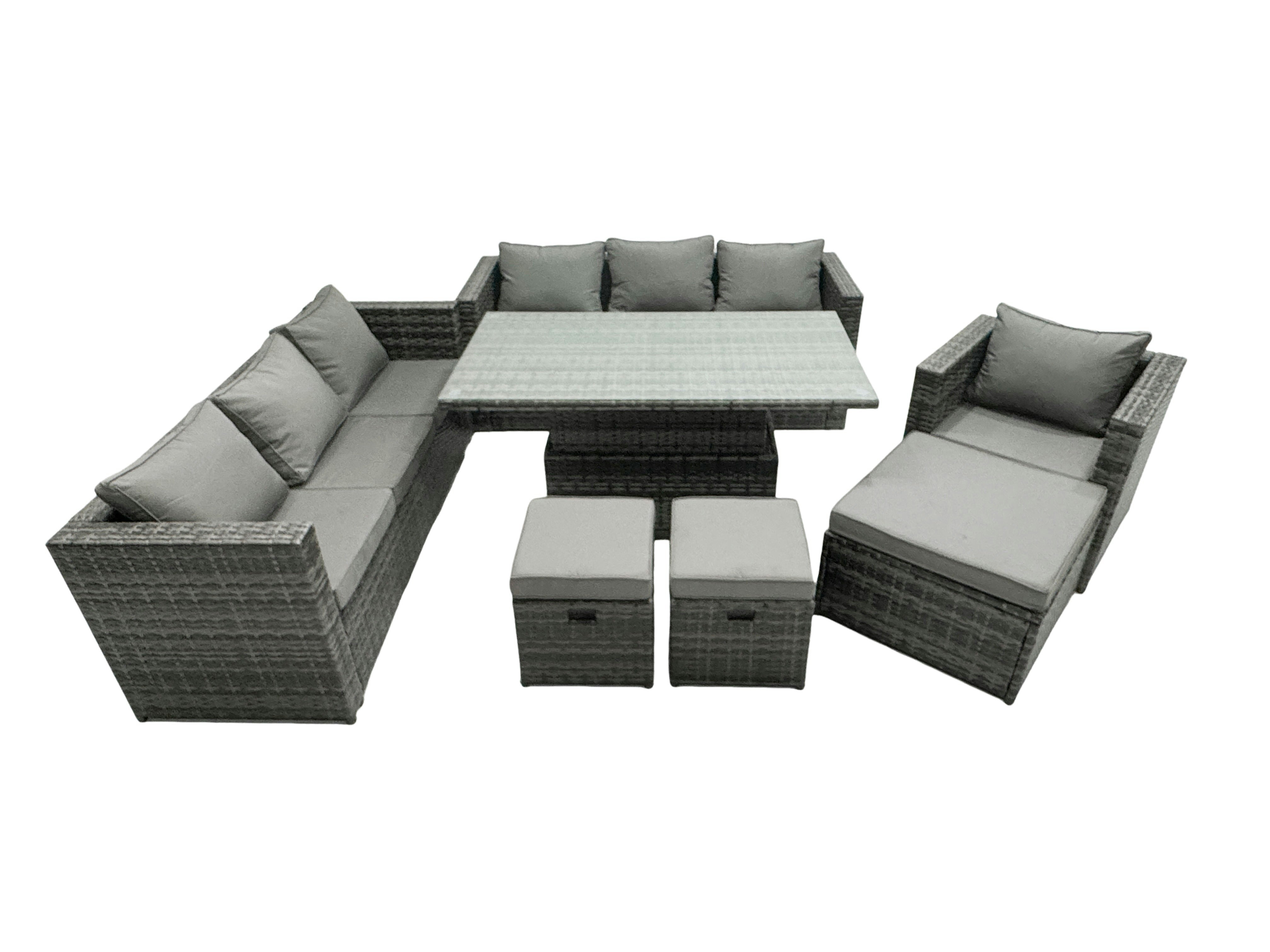 Rackhams Dark/Grey Rattan Dining Table Sofa Set With 3 Footstool Armchair Outdoor 10 Seat Garden Furniture Set Mixed
