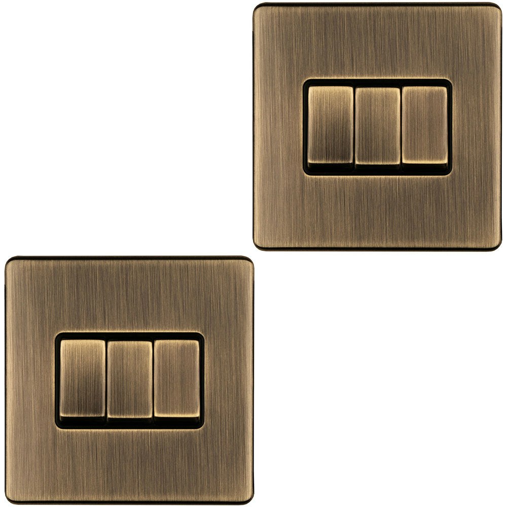 Loops 2 PACK 3 Gang Triple Light Switch SCREWLESS ANTIQUE BRASS 2 Way 10A Slim Rocker
