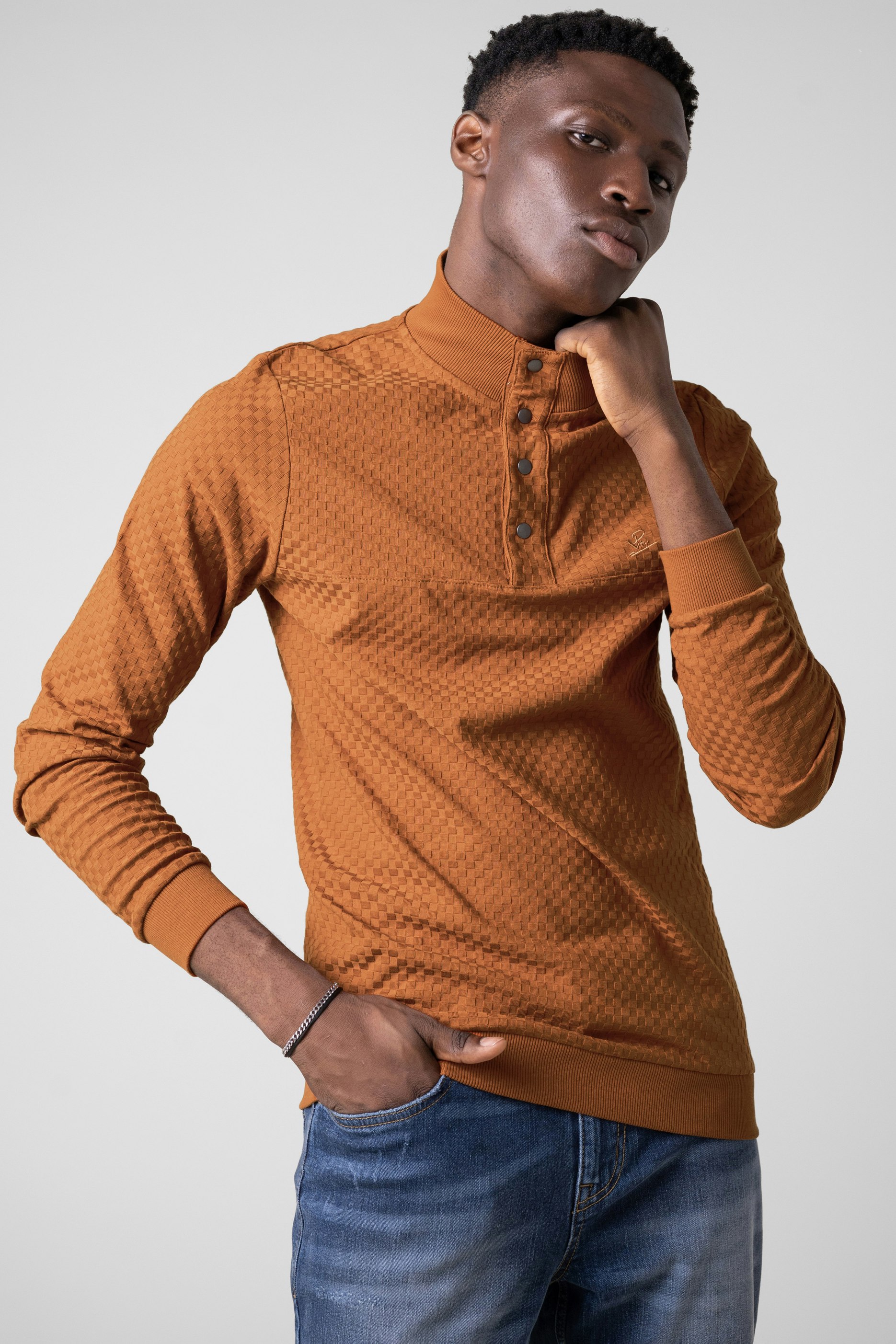 Enorsia Orange Textured Pattern High Neck Sweatshirt - M - 94% Cotton, 6% Elastane