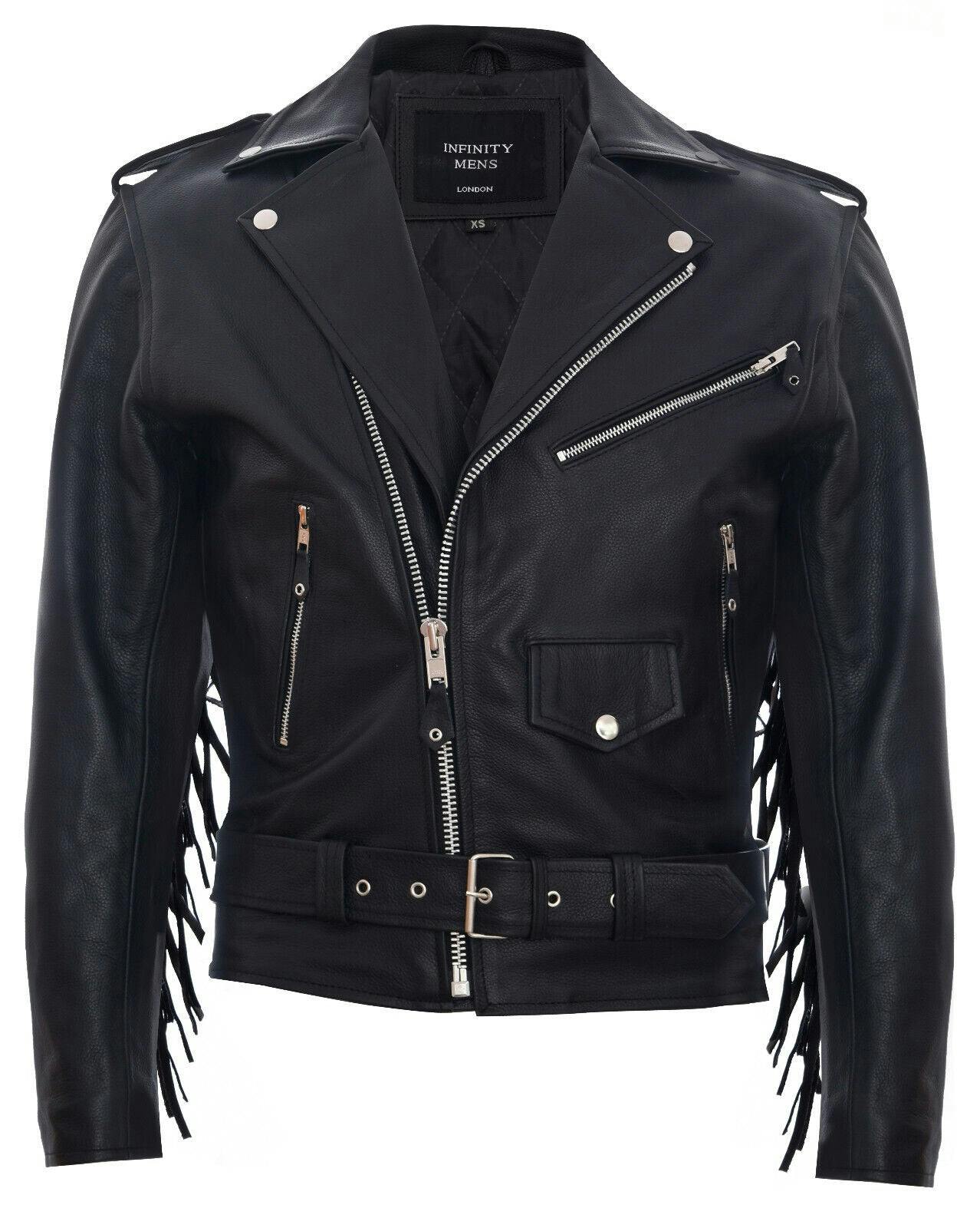 Infinity Leather Men's Black Fringe Hide Leather Brando Tasseled Motorcycle Biker Jacket - Uk 3XL | Eu 56 | Us 46