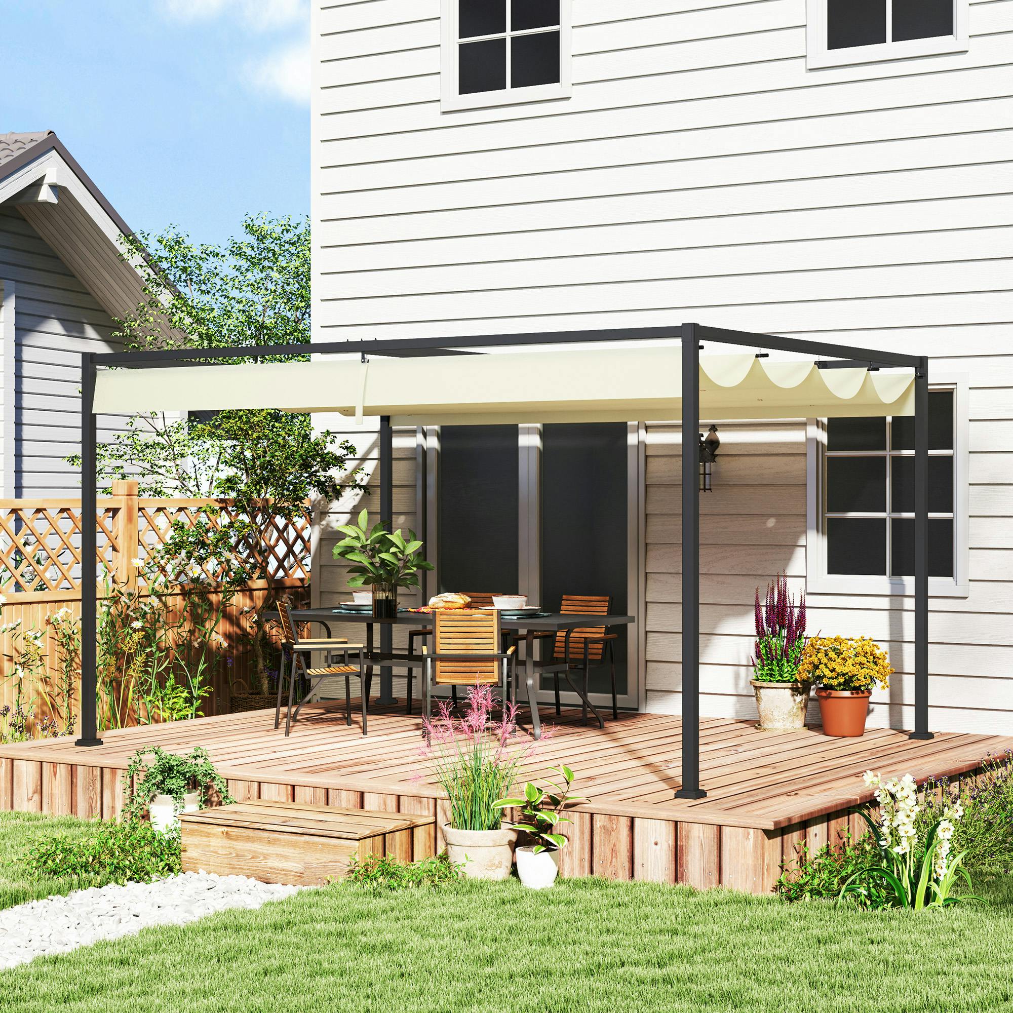 Rackhams Cream 4X3m Metal Pergola Gazebo Patio Sunshelter Retractable Canopy