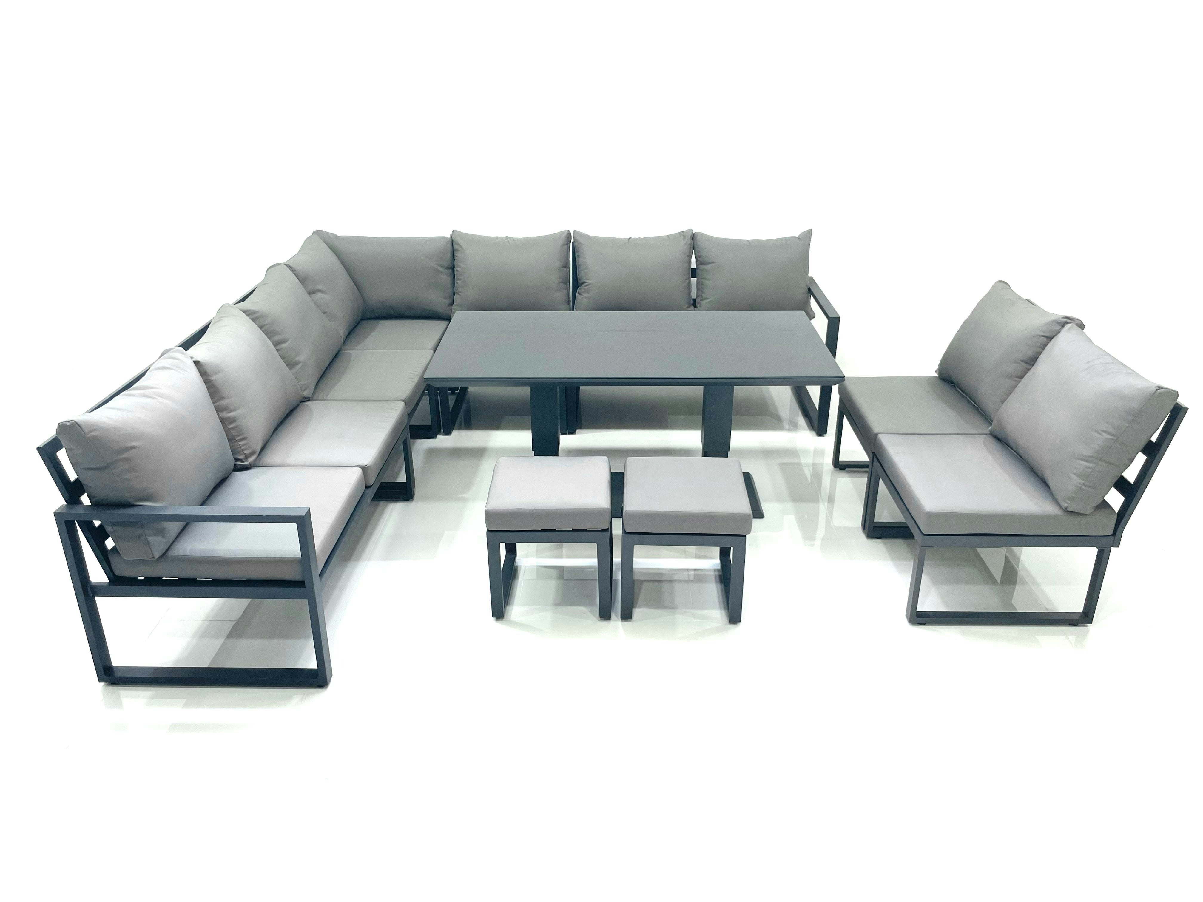 Fimous Dark/Grey 11 Seater Outdoor Aluminium Garden Furniture Set Corner Sofa 2 Small Footstools Rising Lifting Dining Table Sets