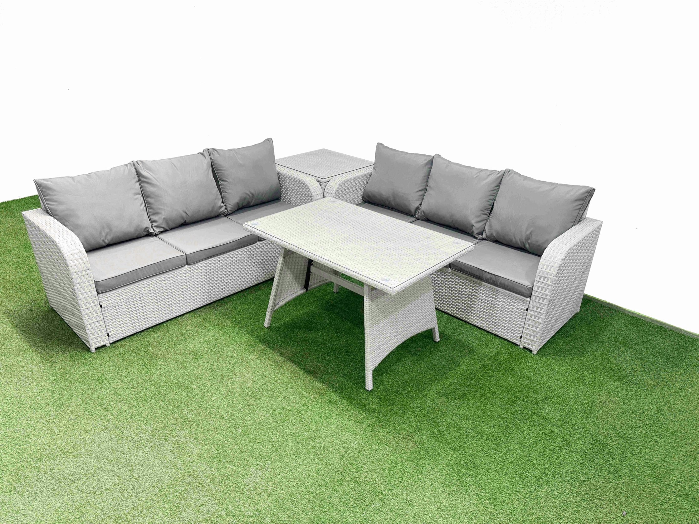 Rackhams Light/Grey Patio Dining Table & Chairs Set Rattan High Back Lounge Sofa Set With 3 Seater Sofa Side Table