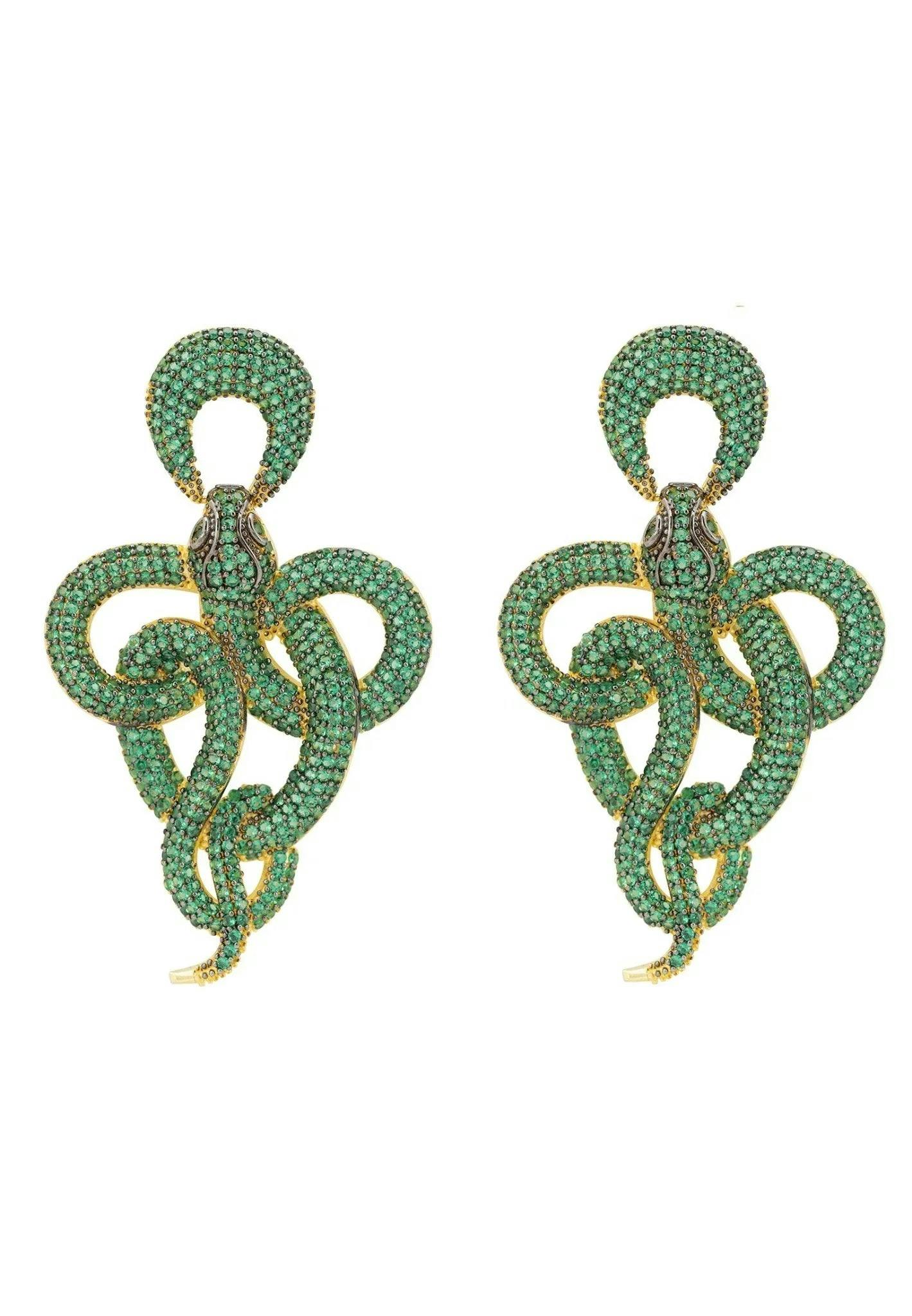 Latelita Gold Viper Snake Drop Earrings Emerald