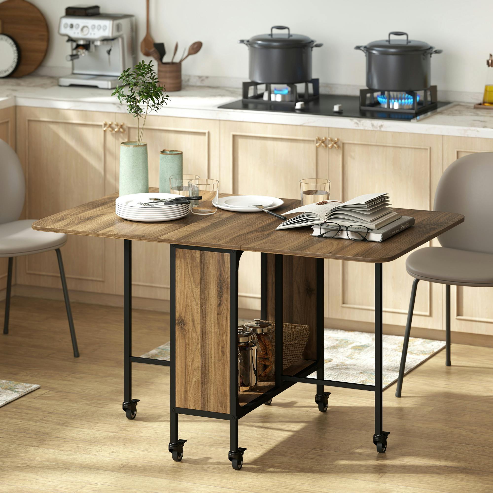 Rackhams Brown Mobile Drop Leaf Dining Table On Wheels With Storage Shelf