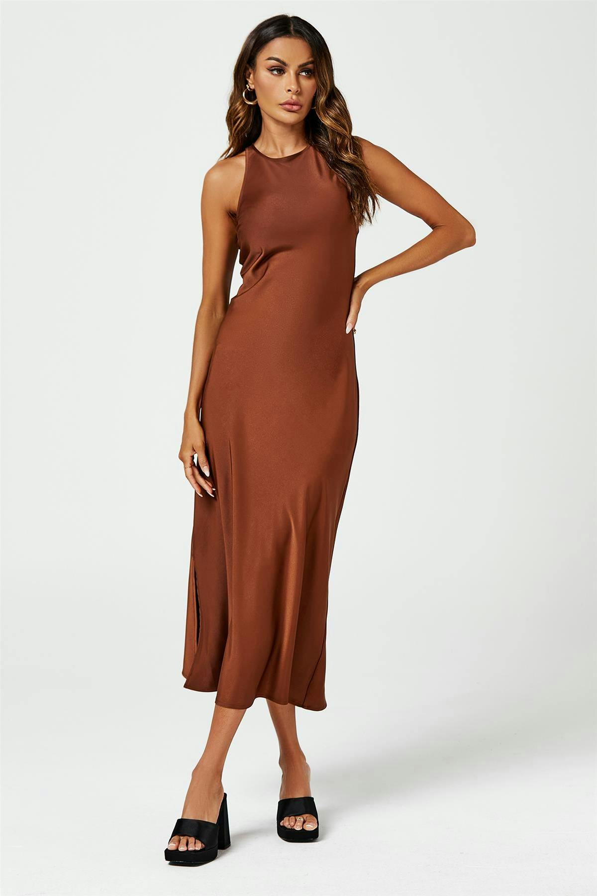 Fs Collection Brown Slim-Fit Satin Midi Dress In - Xl
