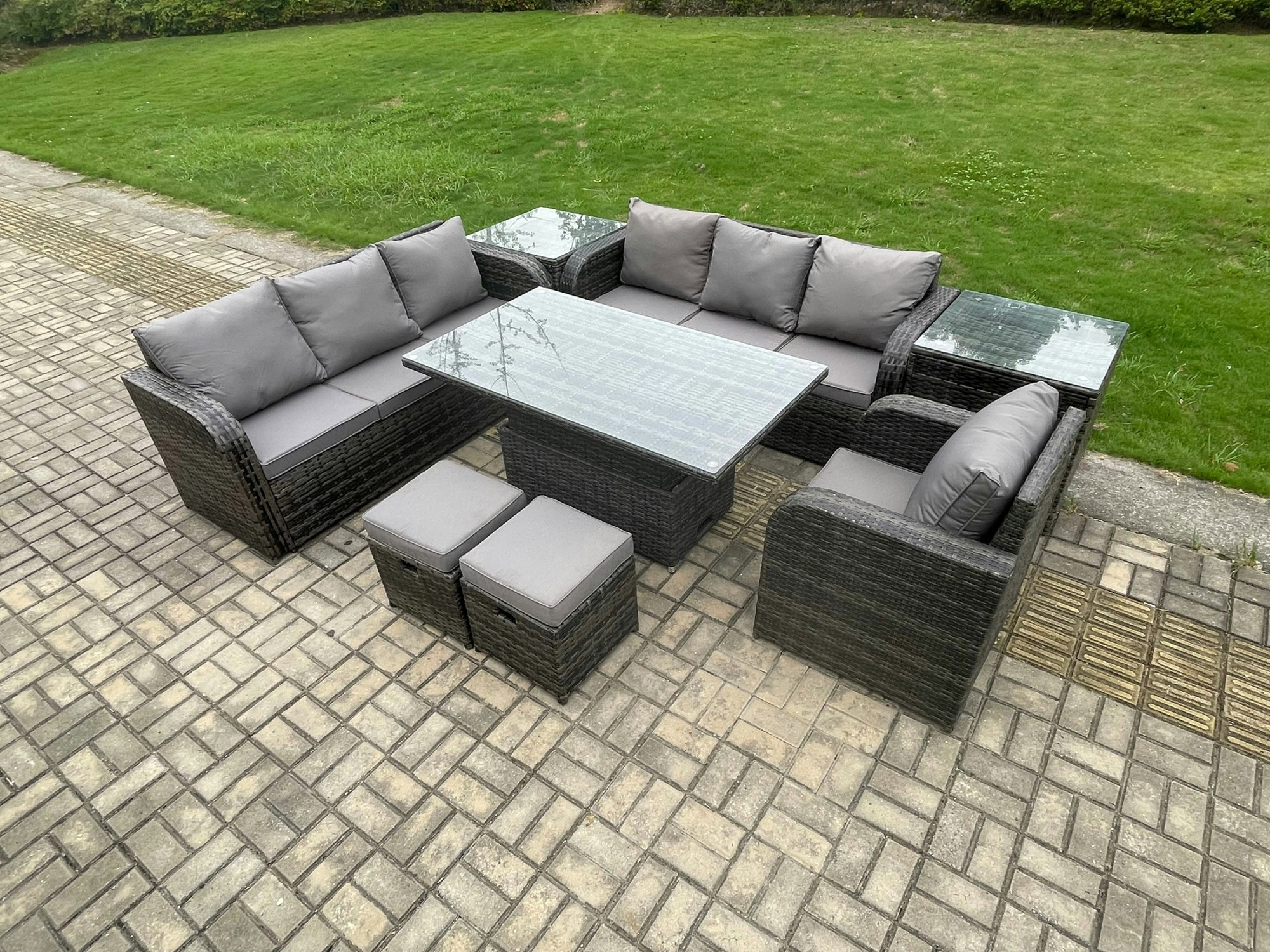 Fimous Pe Rattan Outdoor Dining Set - Height Adjustable Lifting Table, Reclining Chair & 2 Small Footstools