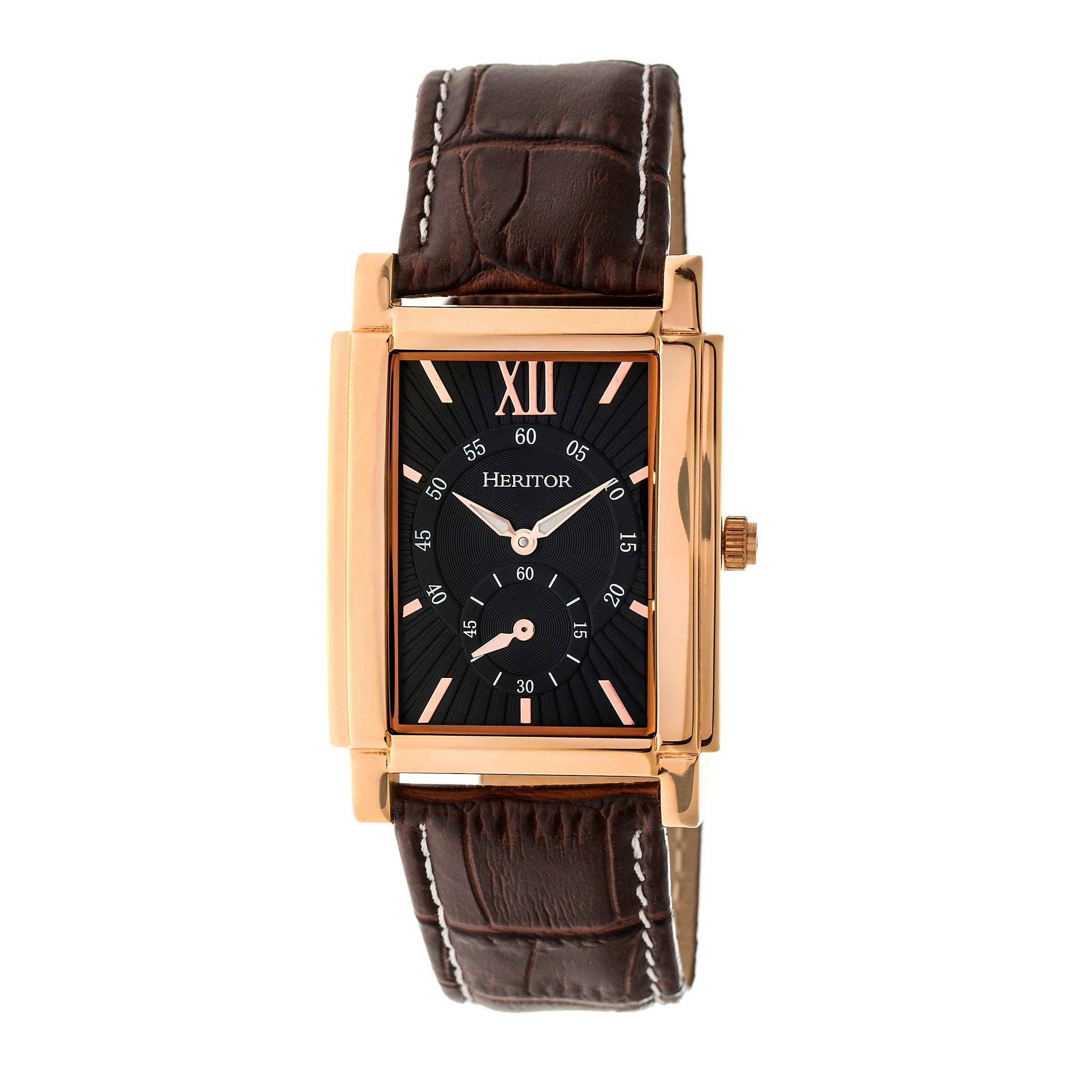Heritor Automatic Gold/Black Frederick Leather-Band Watch - Rose