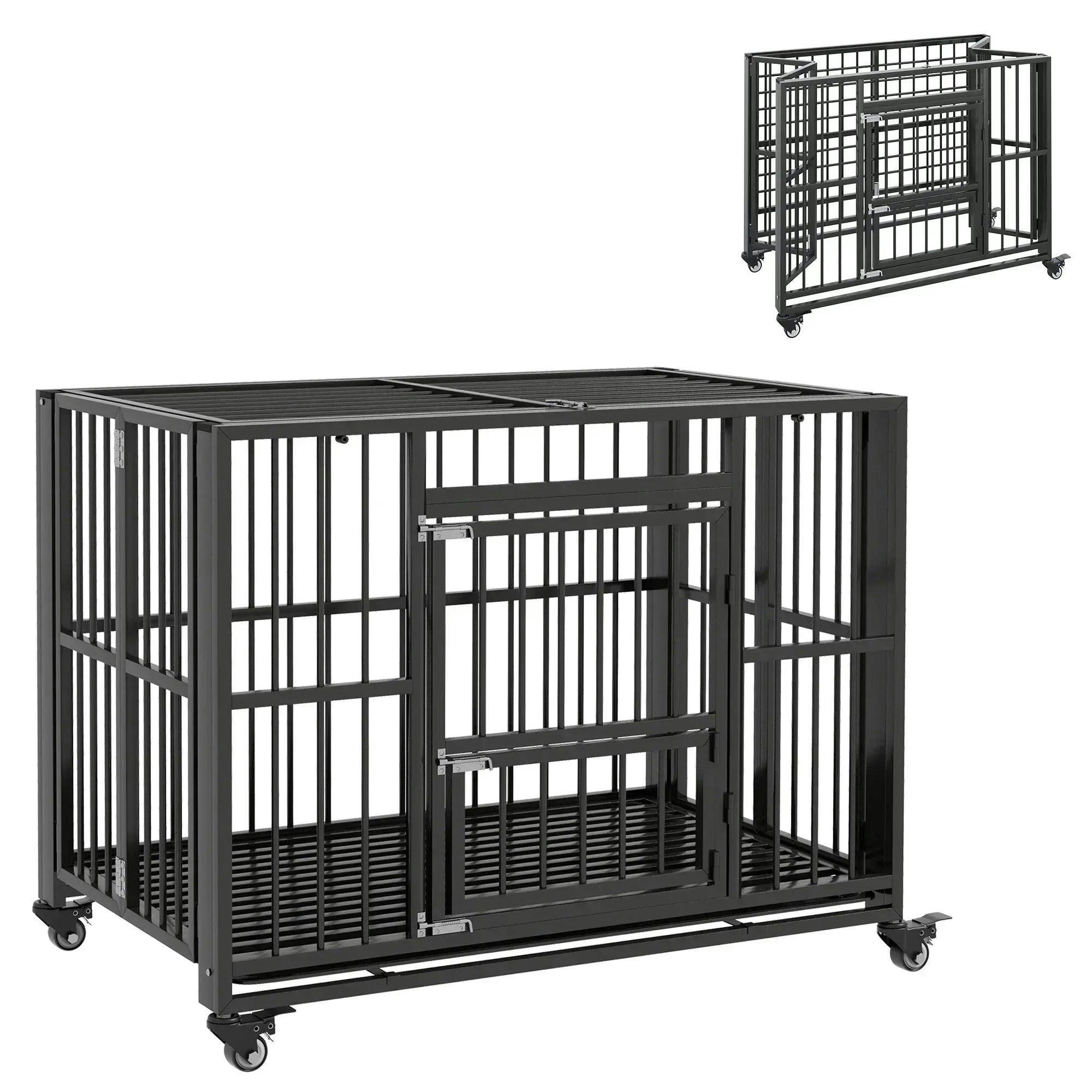 Pawhut Unisex Black 43" Foldable Heavy Duty Dog Crate W/ Locks, Removable Tray, Wheels In - Image 6