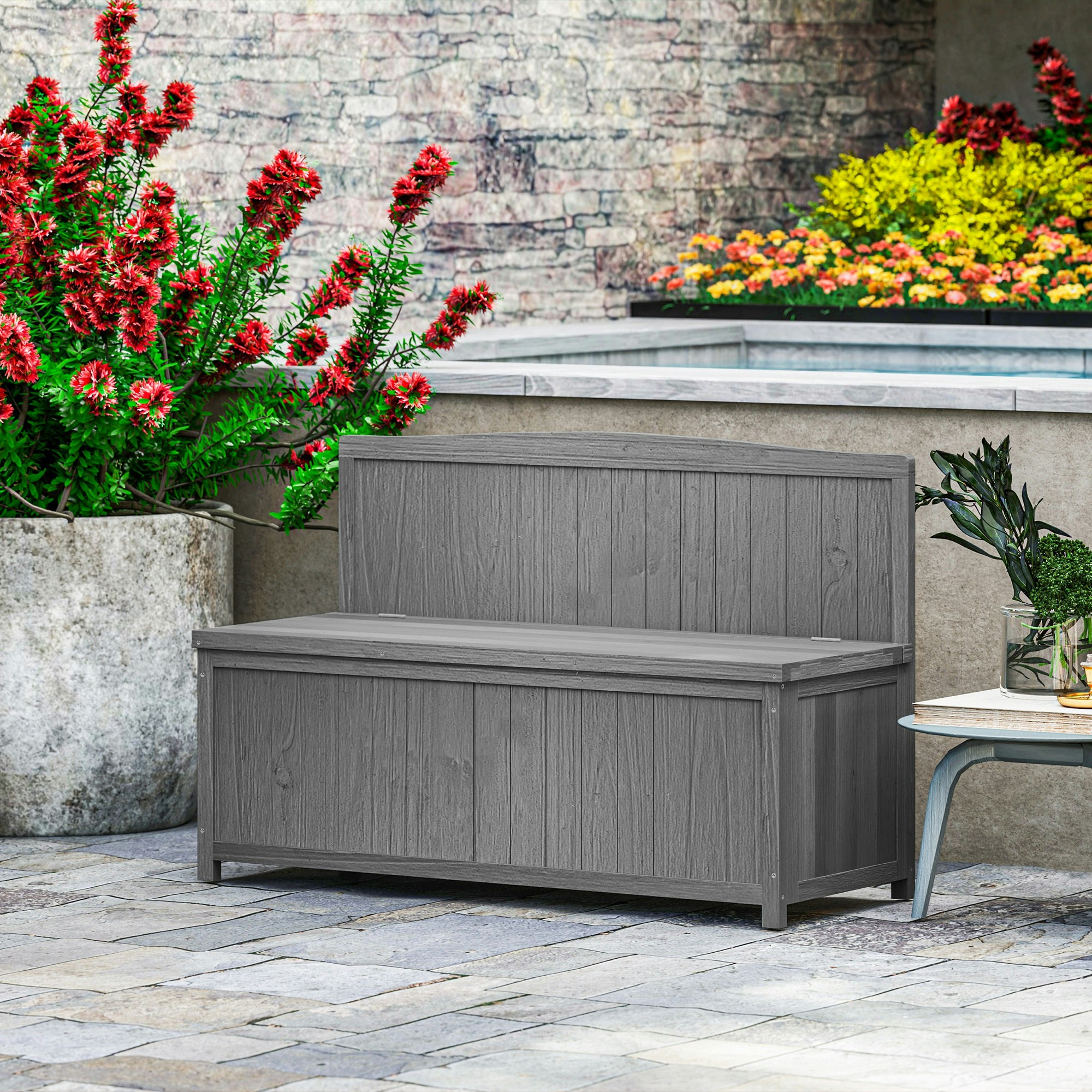 Rackhams Grey Wood Storage Bench For Patio, Outdoor Garden Seating, Natural - Fir Wood - 115Cmx45cmx75cm