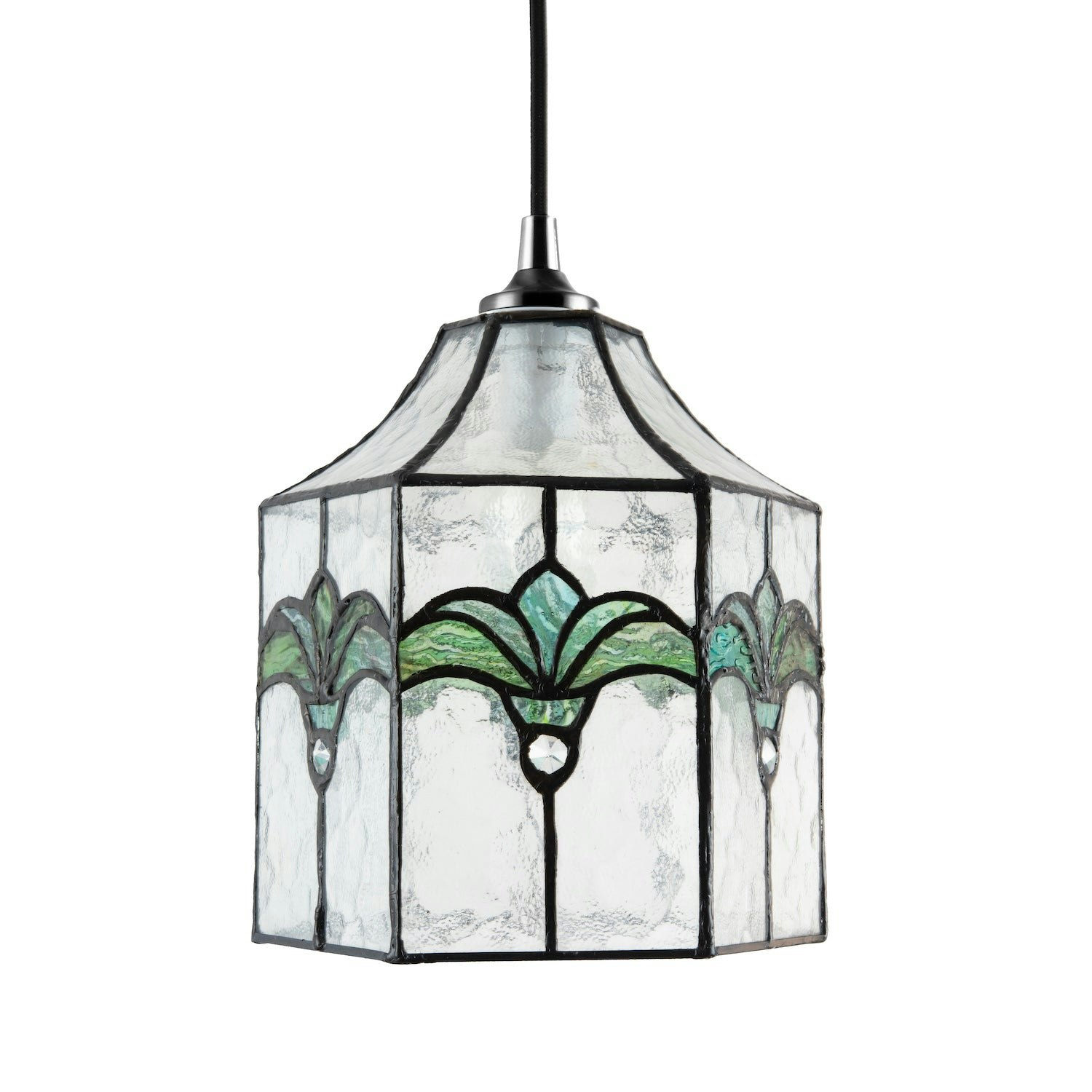 Happy Homewares Green Classic Lantern Tiffany Pendant Shade With Clear Water Glass And Emerald 21Cm