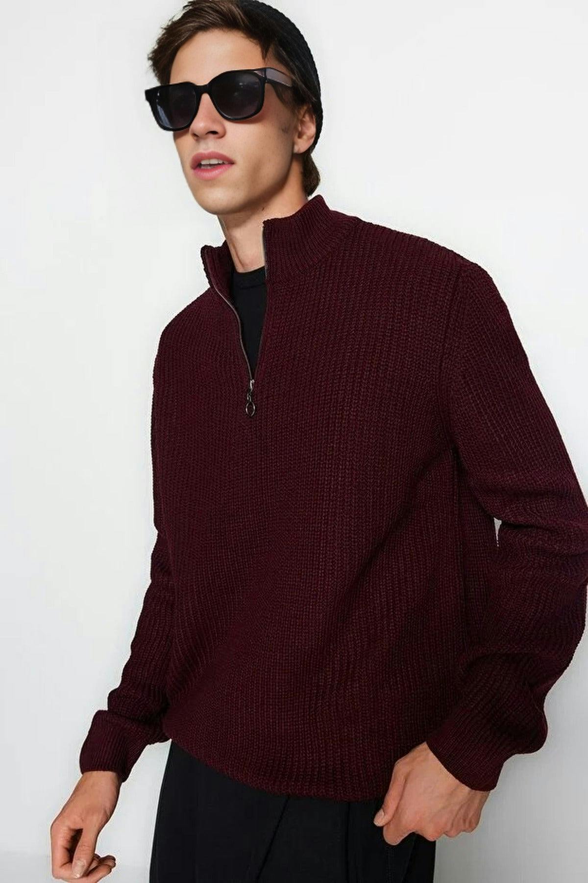 Wovcor Men's Burgundy Regular Fit Half Turtleneck Zippered Sweater - M