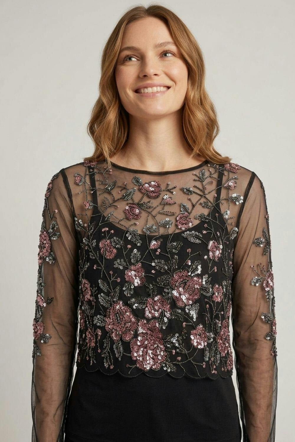 Izabel London Black Floral Embellished Long Sleeve Mesh Top - 16