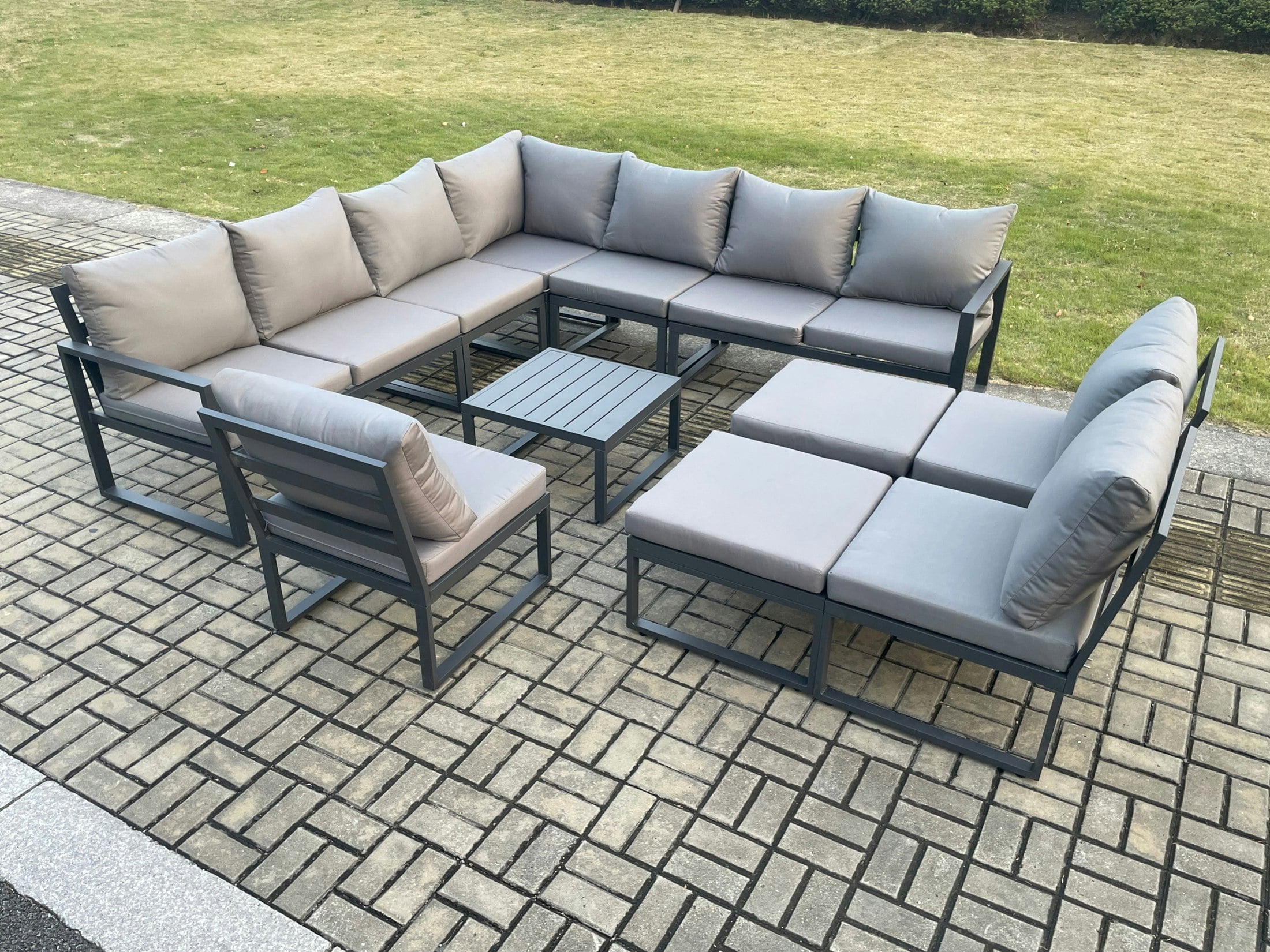Rackhams Dark/Grey 12 Seater Outdoor Aluminium Garden Furniture Set Corner Lounge Sofa Set With Square Coffee Table 2 Big Footstools