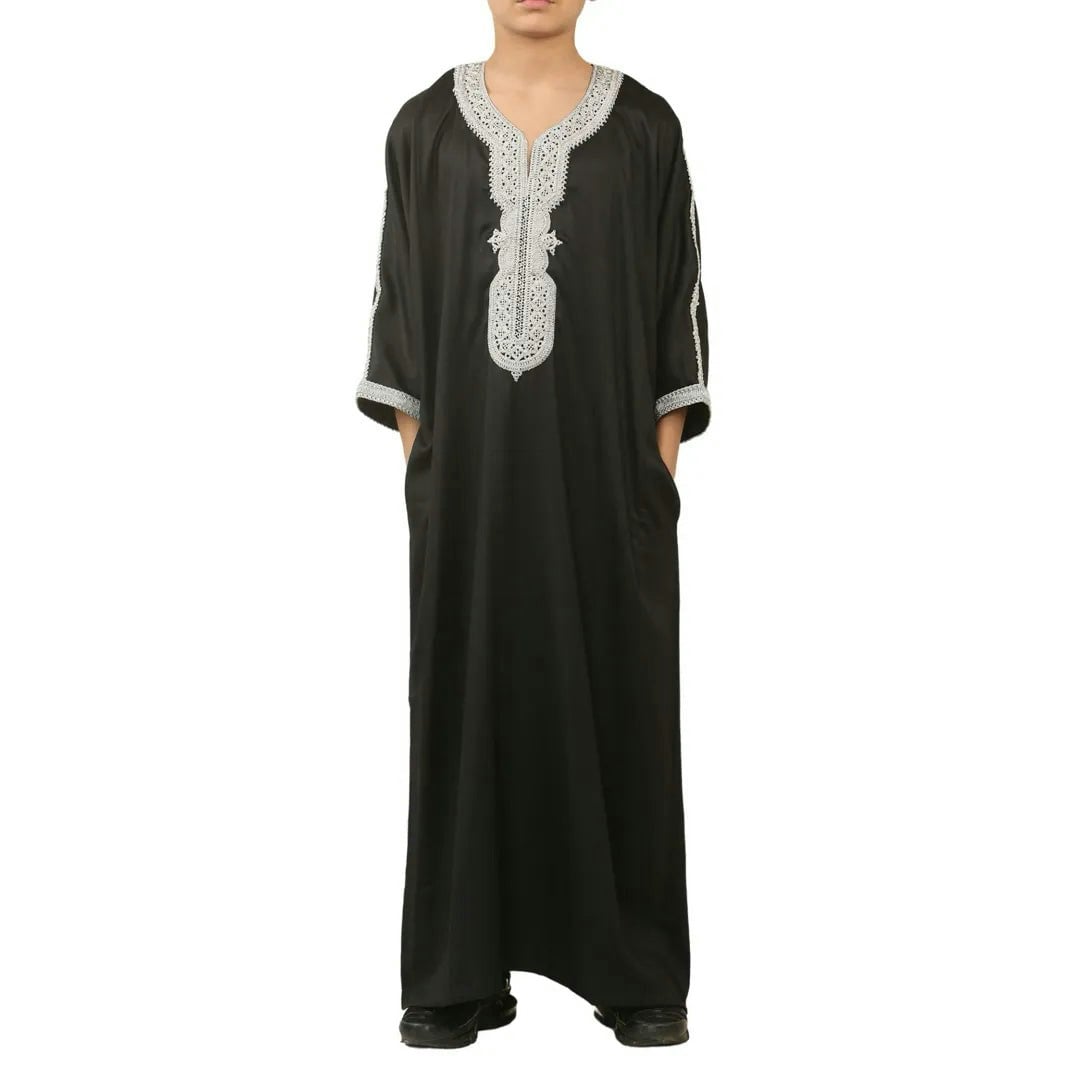 Thobez Boys Black Hm62 - Moroccan Thobe Short Sleeve Embroidery Gandoura - 42
