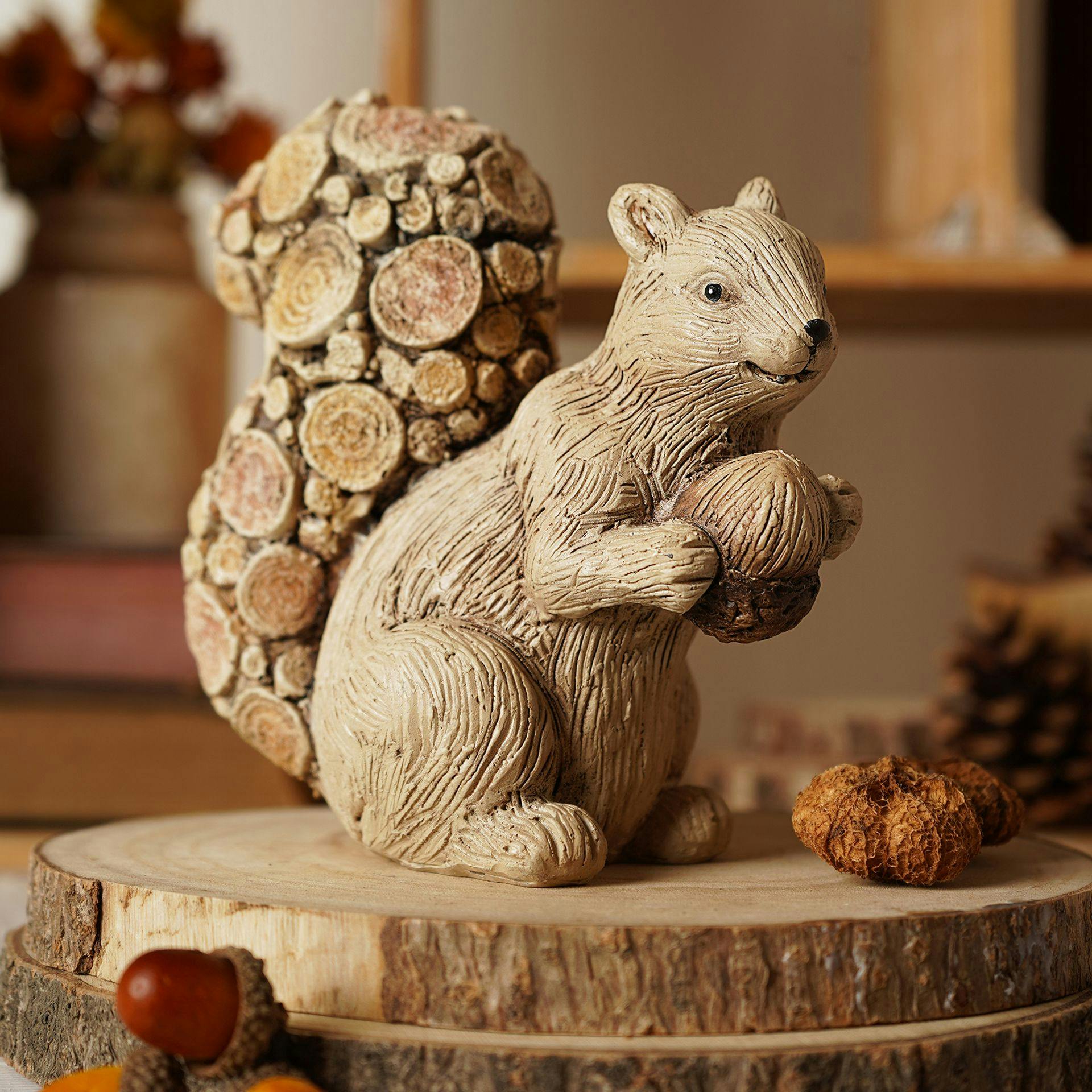 Rackhams Cream/Brown Wood Effect Squirrel With Log