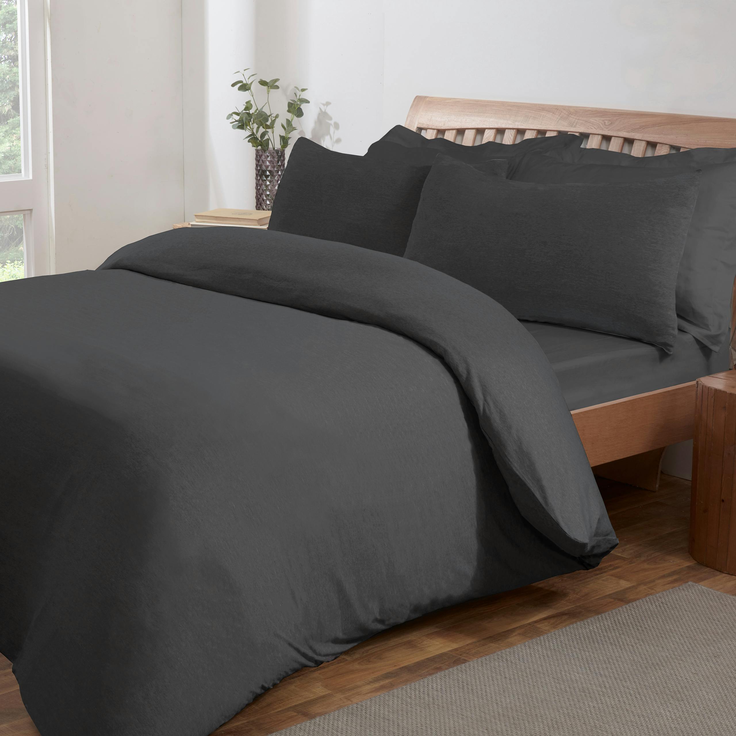 Smart Living Polycotton Jersey Melange Duvet Cover With Pillowcases - Charcoal - Double (200Cm X 200Cm)