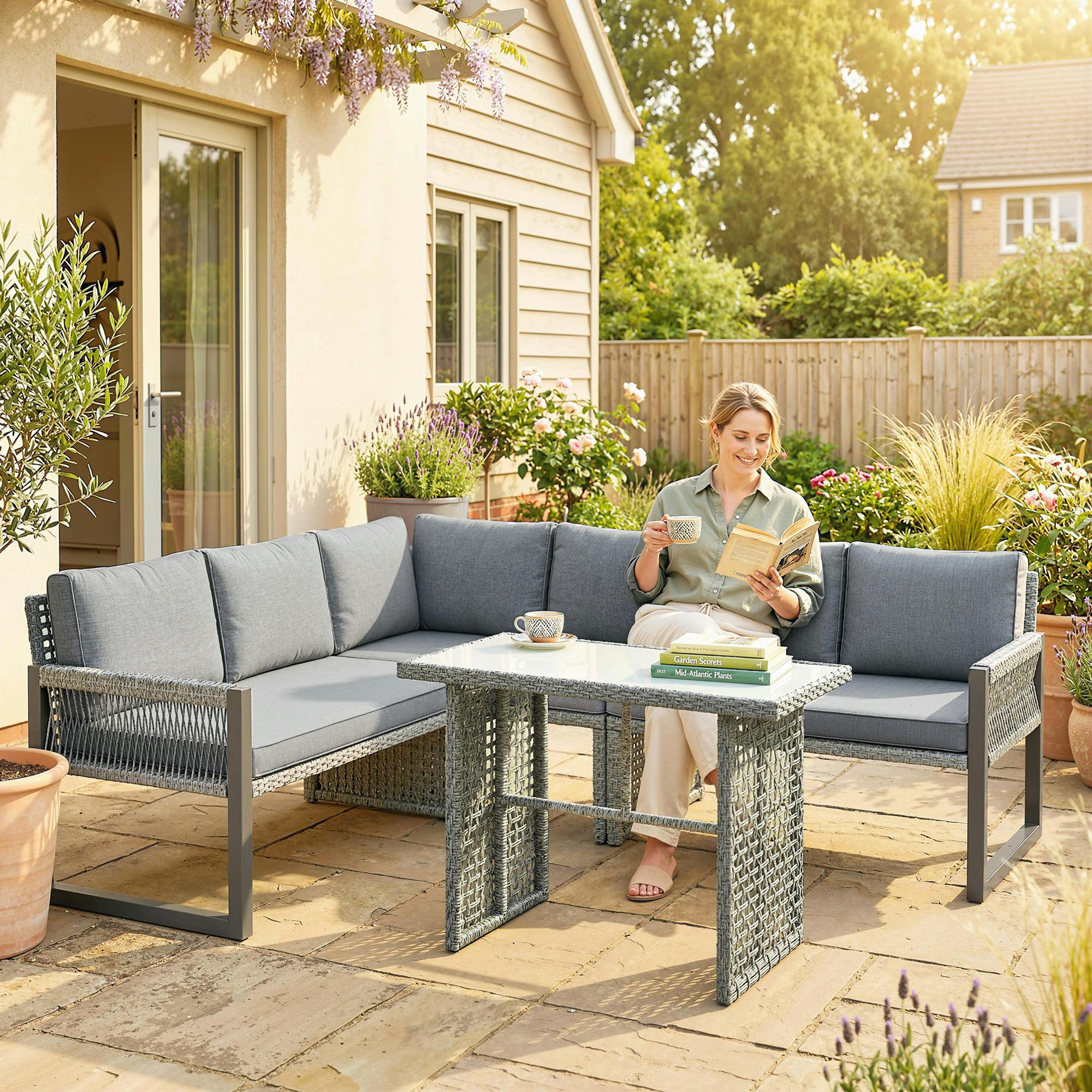 Rackhams Grey 4 Piece Rattan Garden Furniture Set With 3 Loveseats, Table, - Rattan Garden Furniture Set - 4 - Metal, Pe Rattan, Polyester, Tempered Glass, Cotton