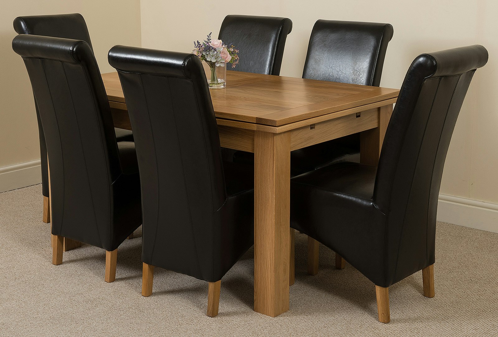 That's Furniture Black Richmond Medium Oak Extendable Dining Table With Montana Leather Chairs - 6 Chairs