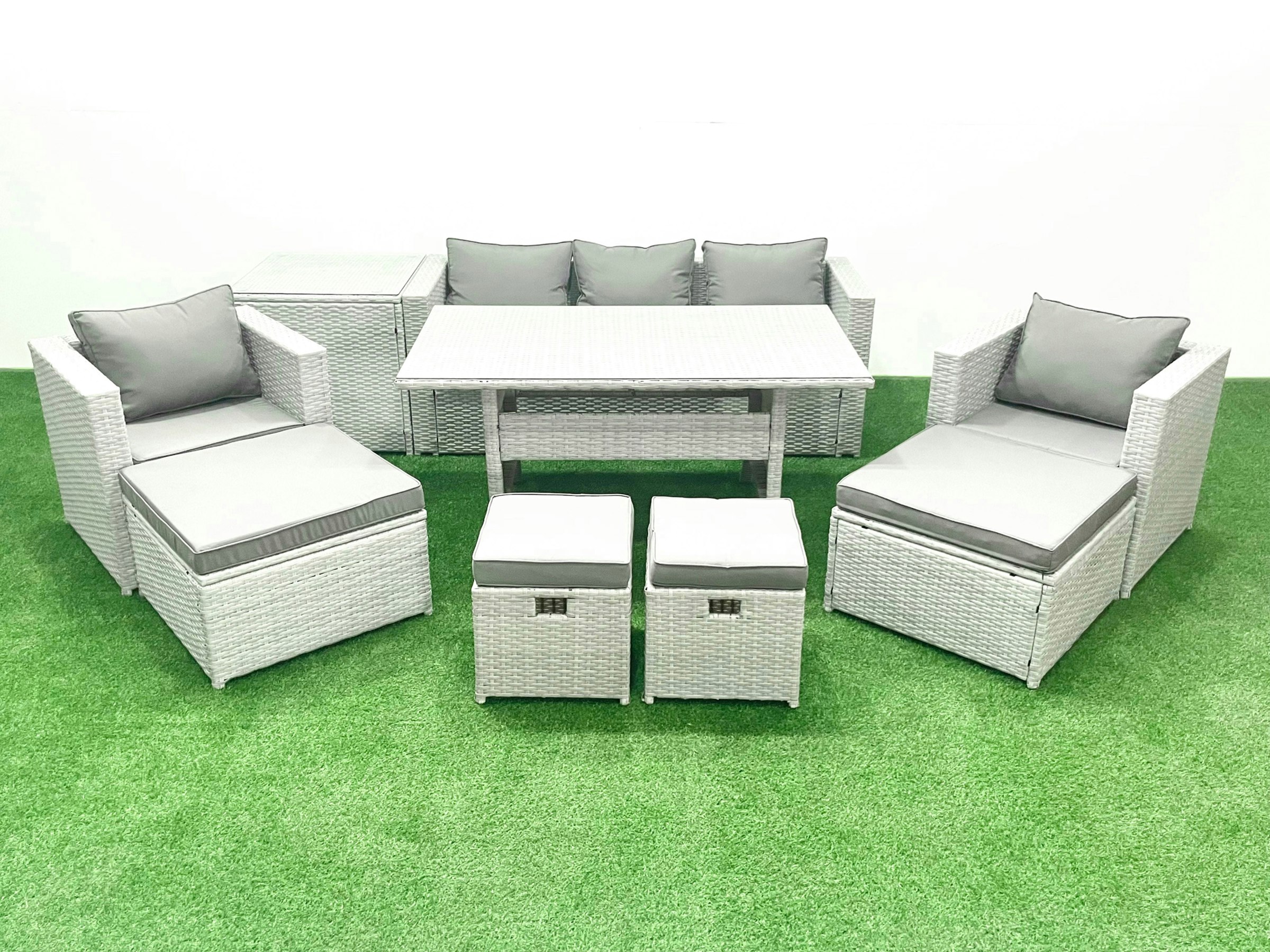 Rackhams Light/Grey Rattan Garden Furniture Set Outdoor 9 Seater Patio Dining Sets With Glass Top Dining Table And Side Table Mixed