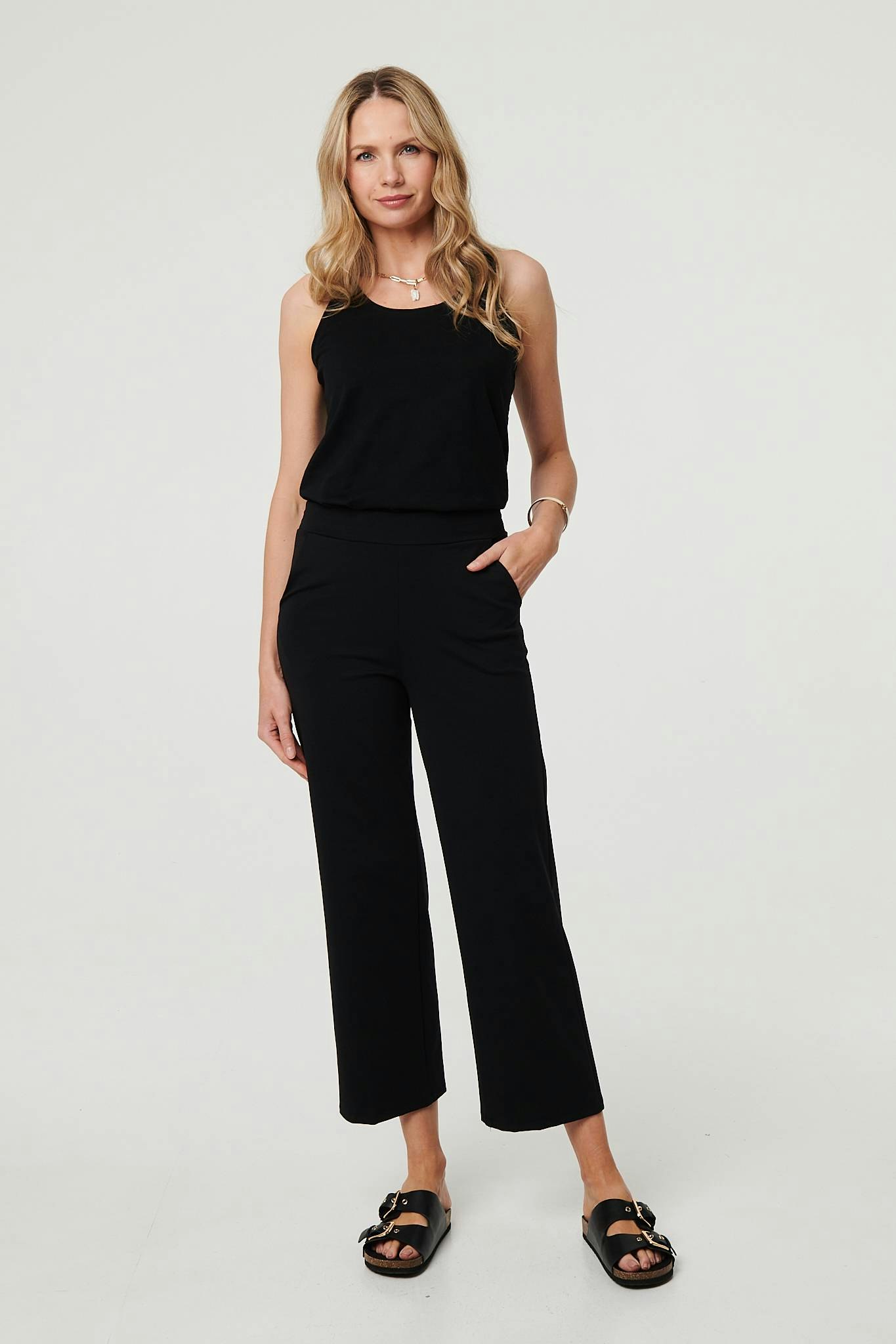 Izabel London Black High Waist Straight Leg Cropped Trousers - Size 8