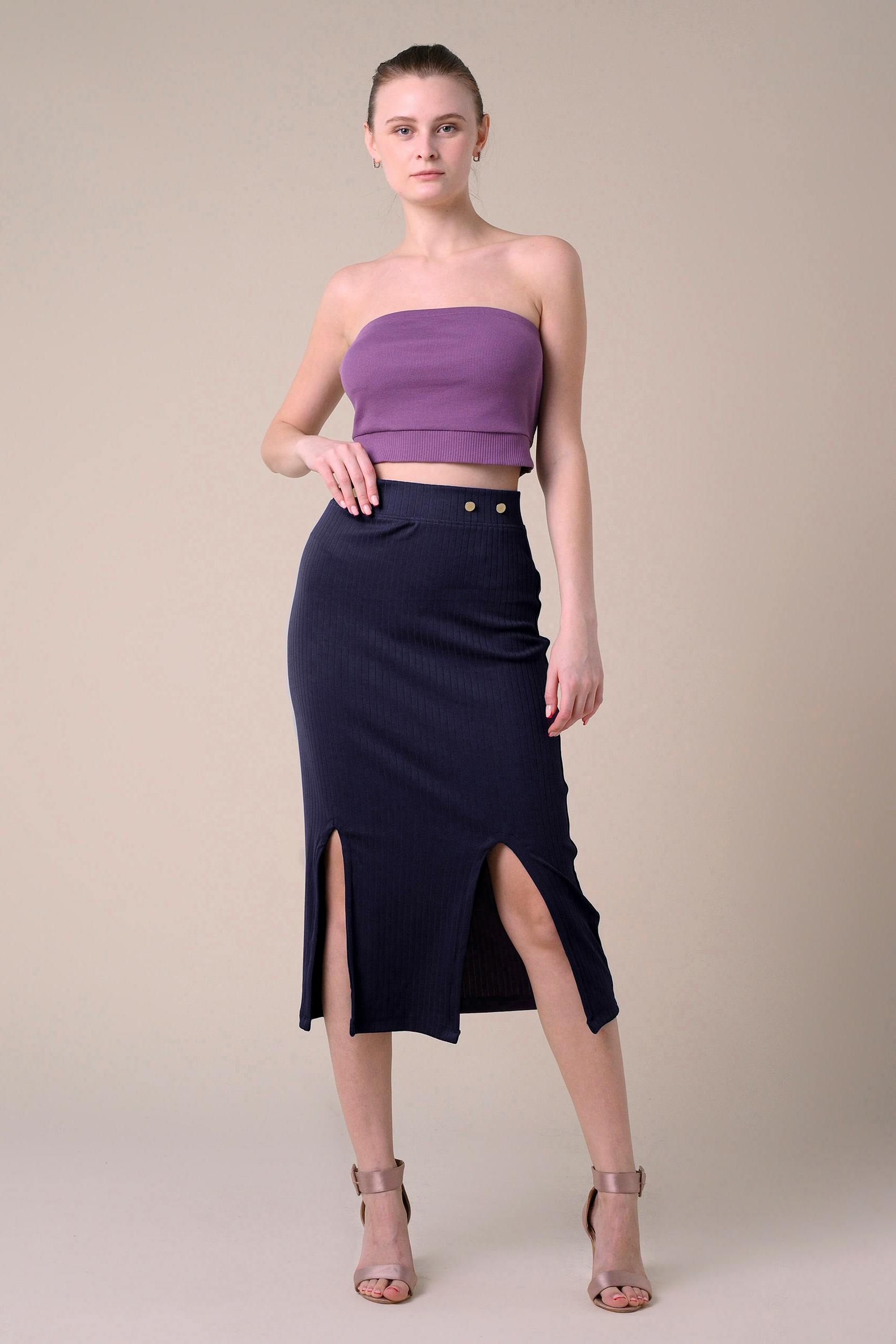 Enorsia Women's Navy Crown Split Front Jersey Skirt In | Size: 16 - Image 2