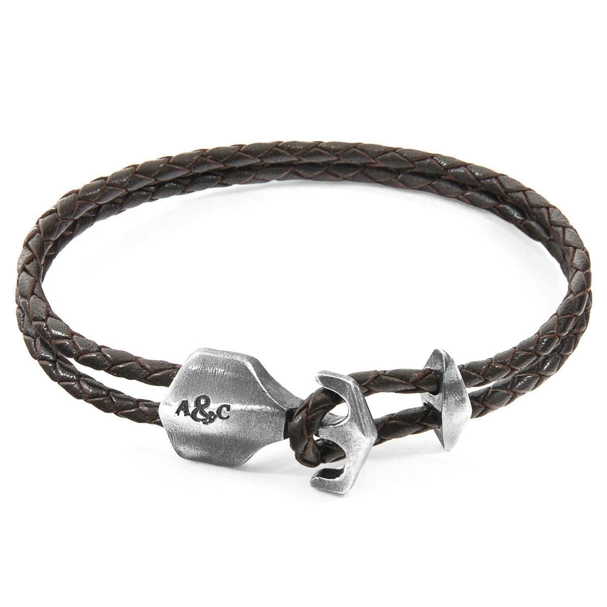 Anchor & Crew Dark/Brown/Silver Delta Anchor And Braided Leather Bracelet - M - 21Cm (Most Popular)