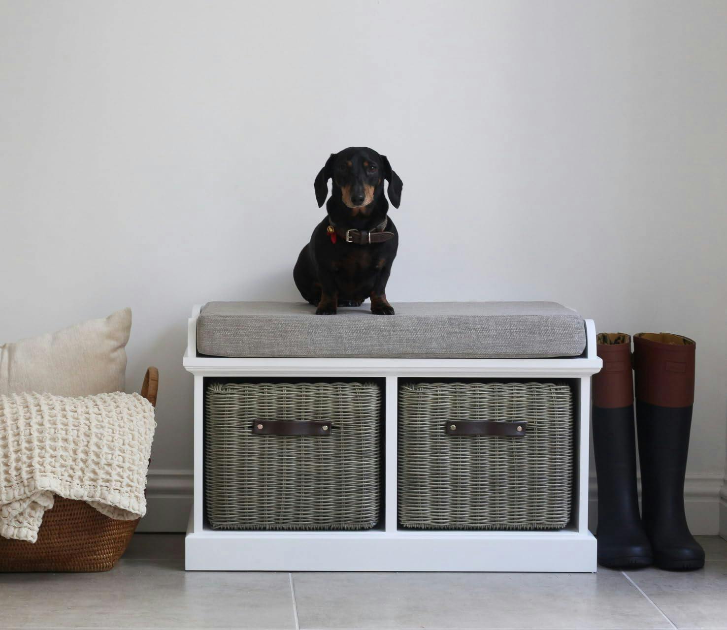 Statement Furniture Grey/White Tetbury Bench With 2 Storage Baskets And Cushion Seat