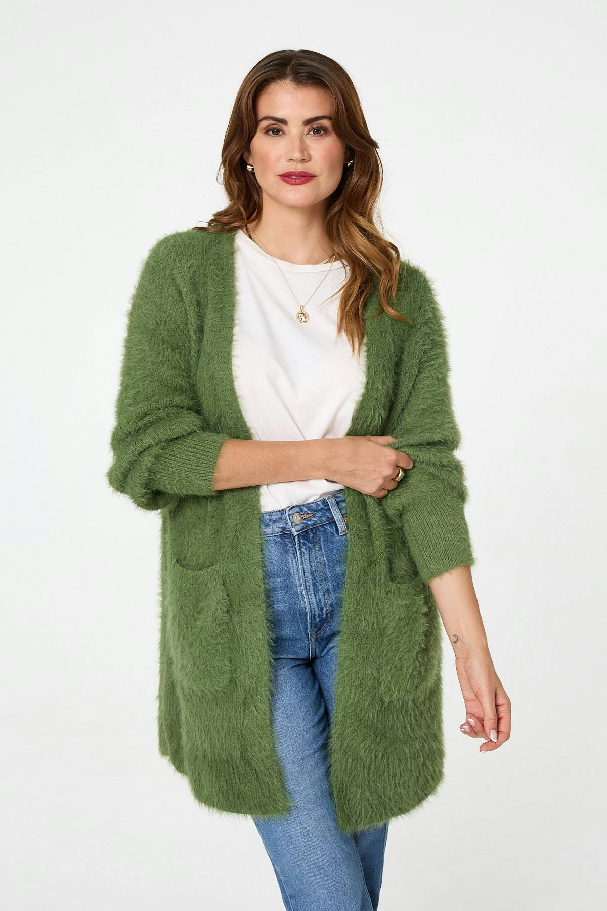 Izabel London Soft Textured Longline Open Cardigan - 8/10 - Olive
