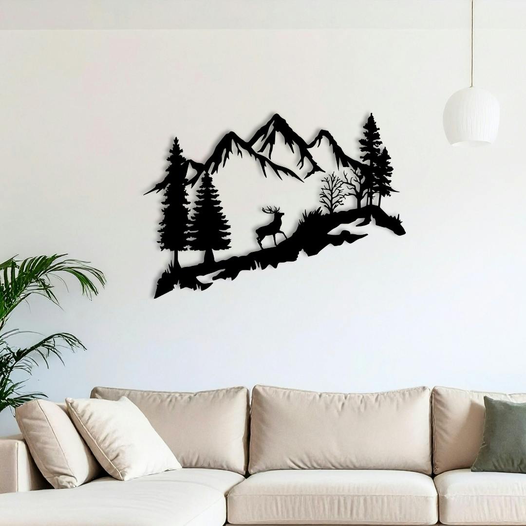 Decortie Black Mountain Peak And Forest Silhouette Metal Wall Decor 75 Cm - Metal