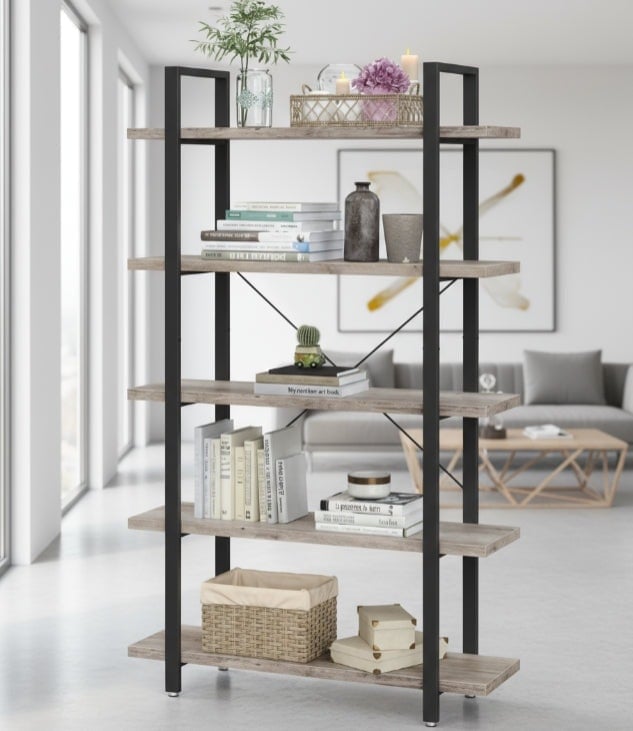 Modcraft Grey 5-Tier Industrial Bookshelf Freestanding Storage Rack Display Unit For Living Room Office