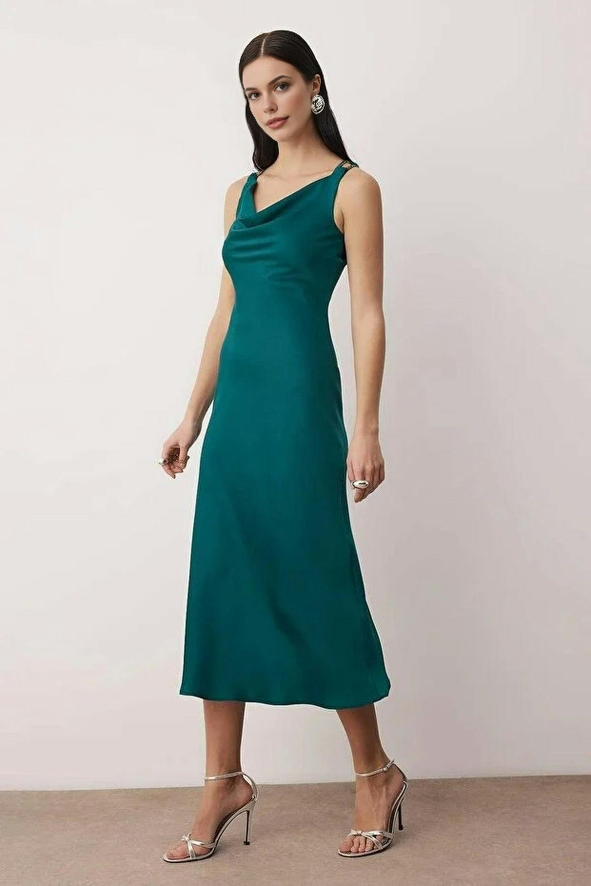 Wovcor Light Woven Satin Midi Evening Dress With Stone Embellishments - Teal - 6