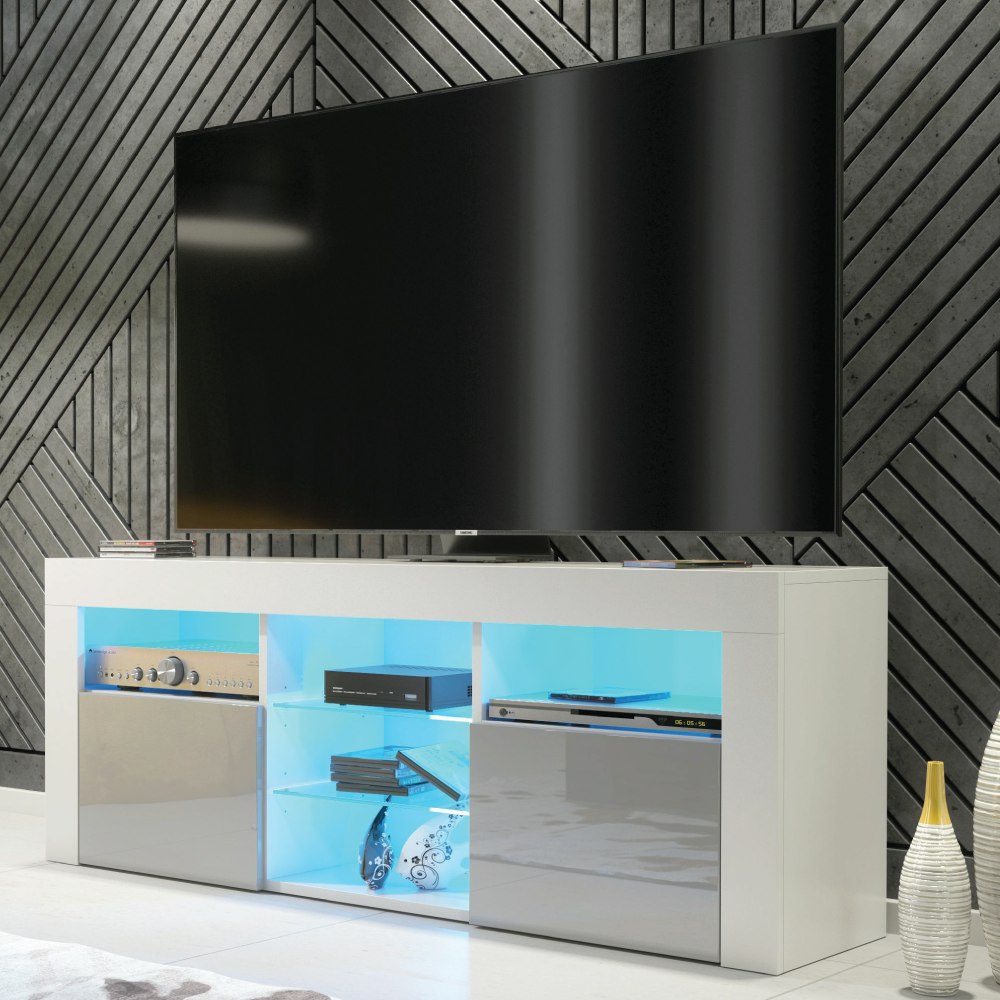 Rackhams Grey/White Stylish 145Cm Modern Tv Unit With And High Gloss Doors - 145 Cm - 1 - Matt Body & Gloss Doors