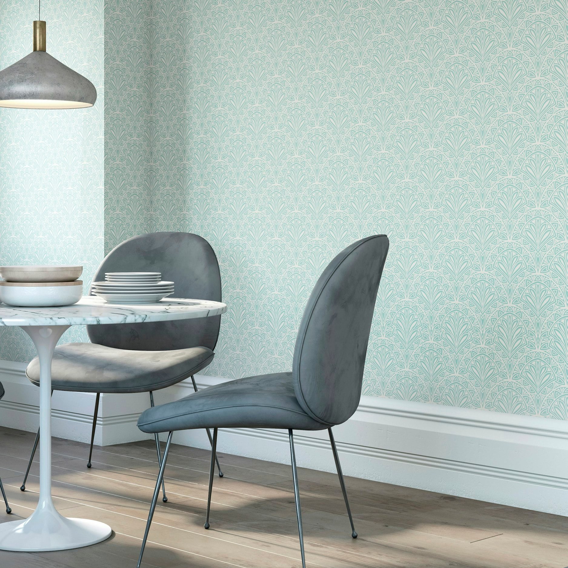 Rackhams Blue Deco Fan - 10M Wallpaper