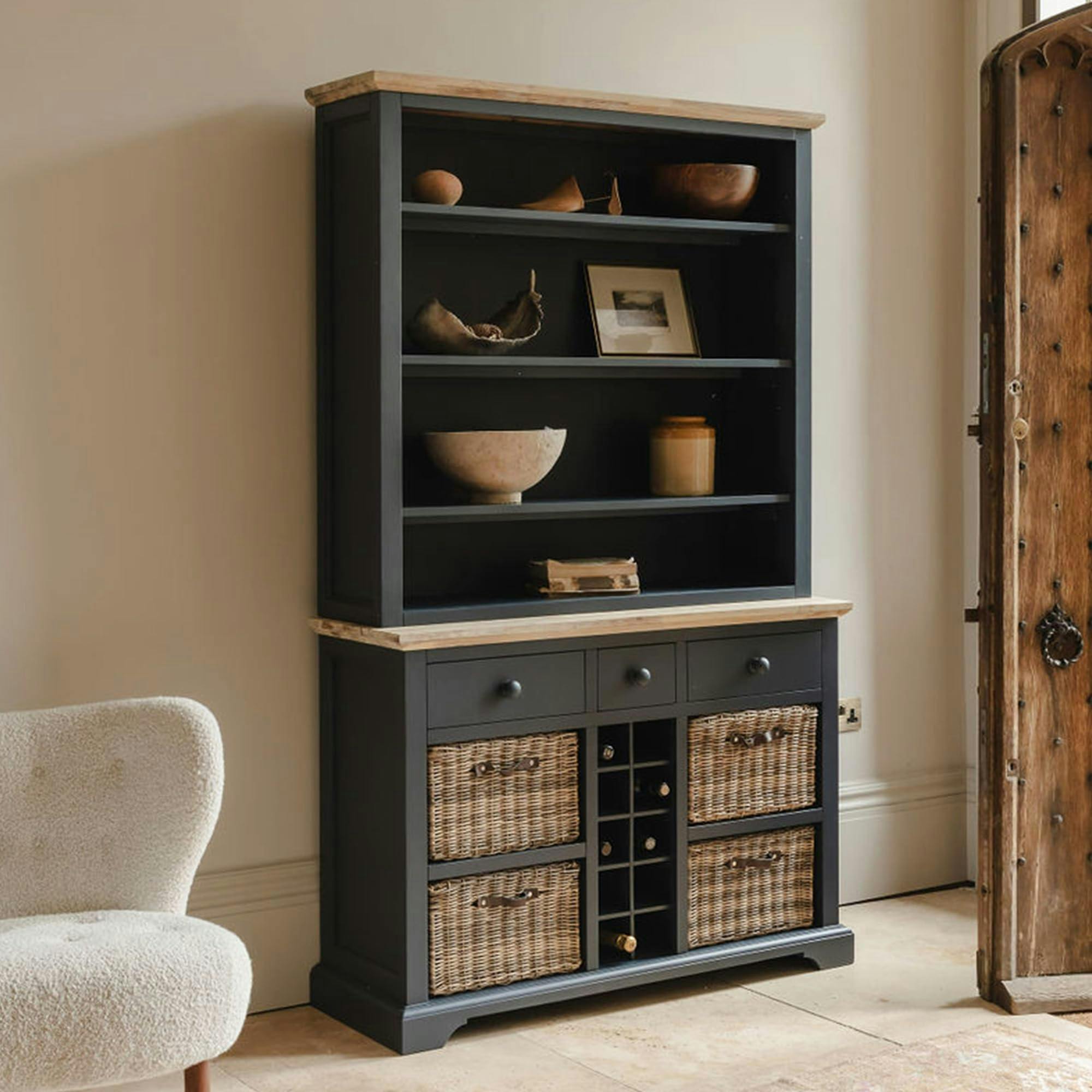 Rackhams Blue Florence Display Cabinet With Shelves, Wine Rack And Storage Baskets - Navy